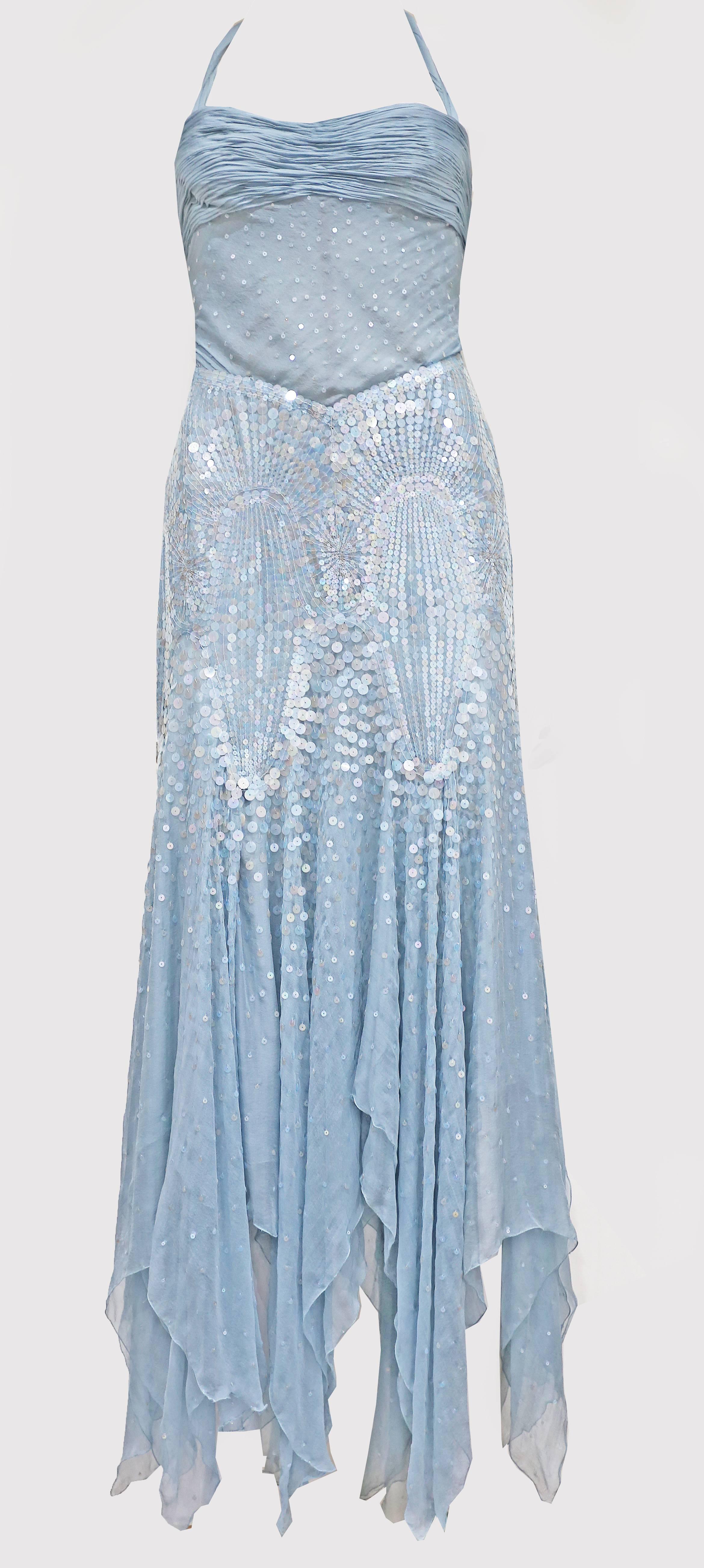 Atelier Versace couture embellished baby blue halter neck evening gown, c. 1990s In Excellent Condition In London, GB