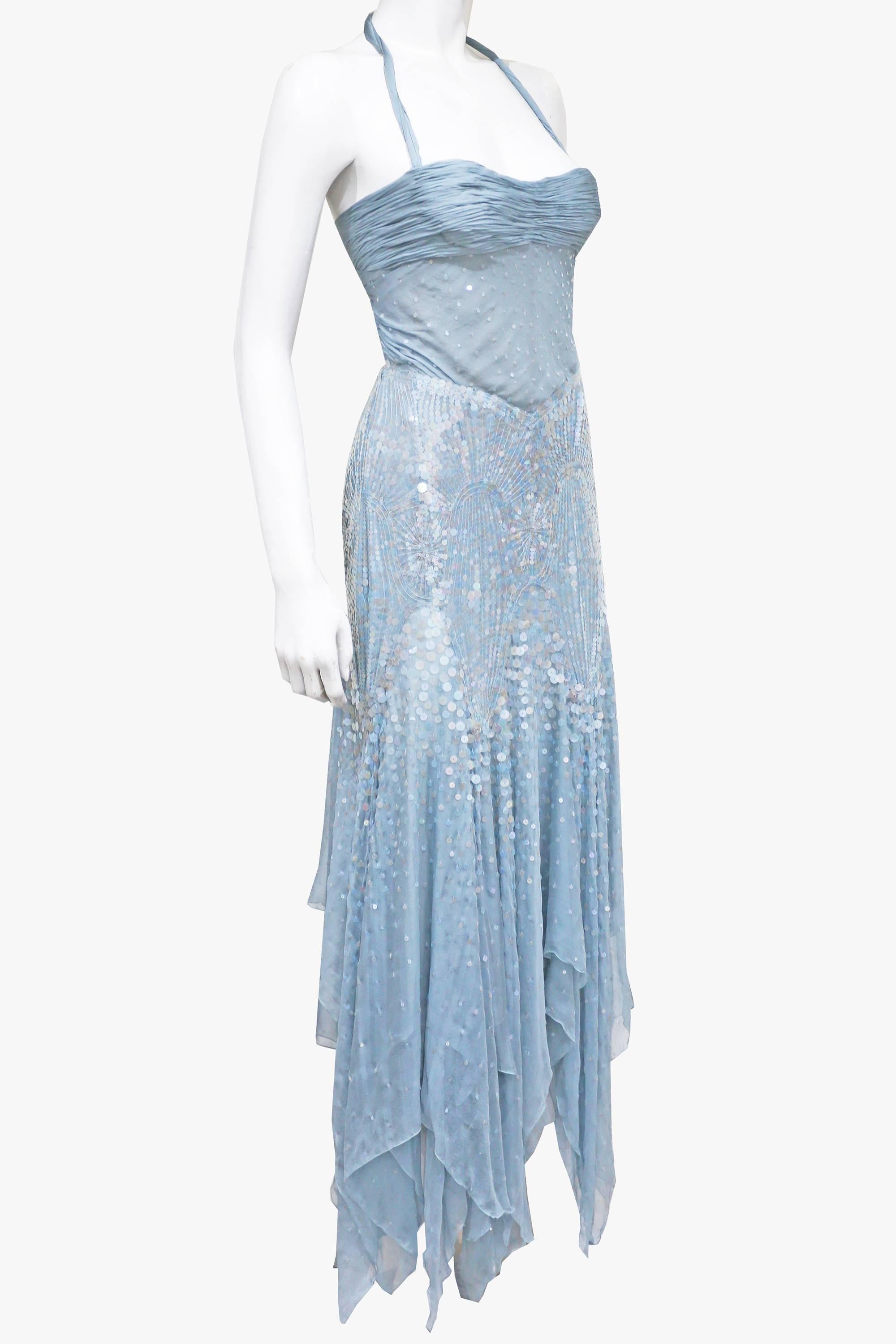 Women's Atelier Versace couture embellished baby blue halter neck evening gown, c. 1990s