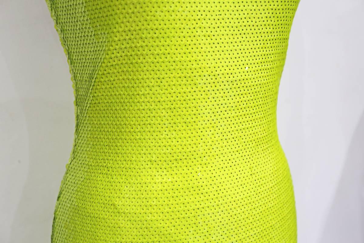 Yellow Stephen Sprouse bombshell bodycon sequinned neon yellow evening dress, c. 1980s