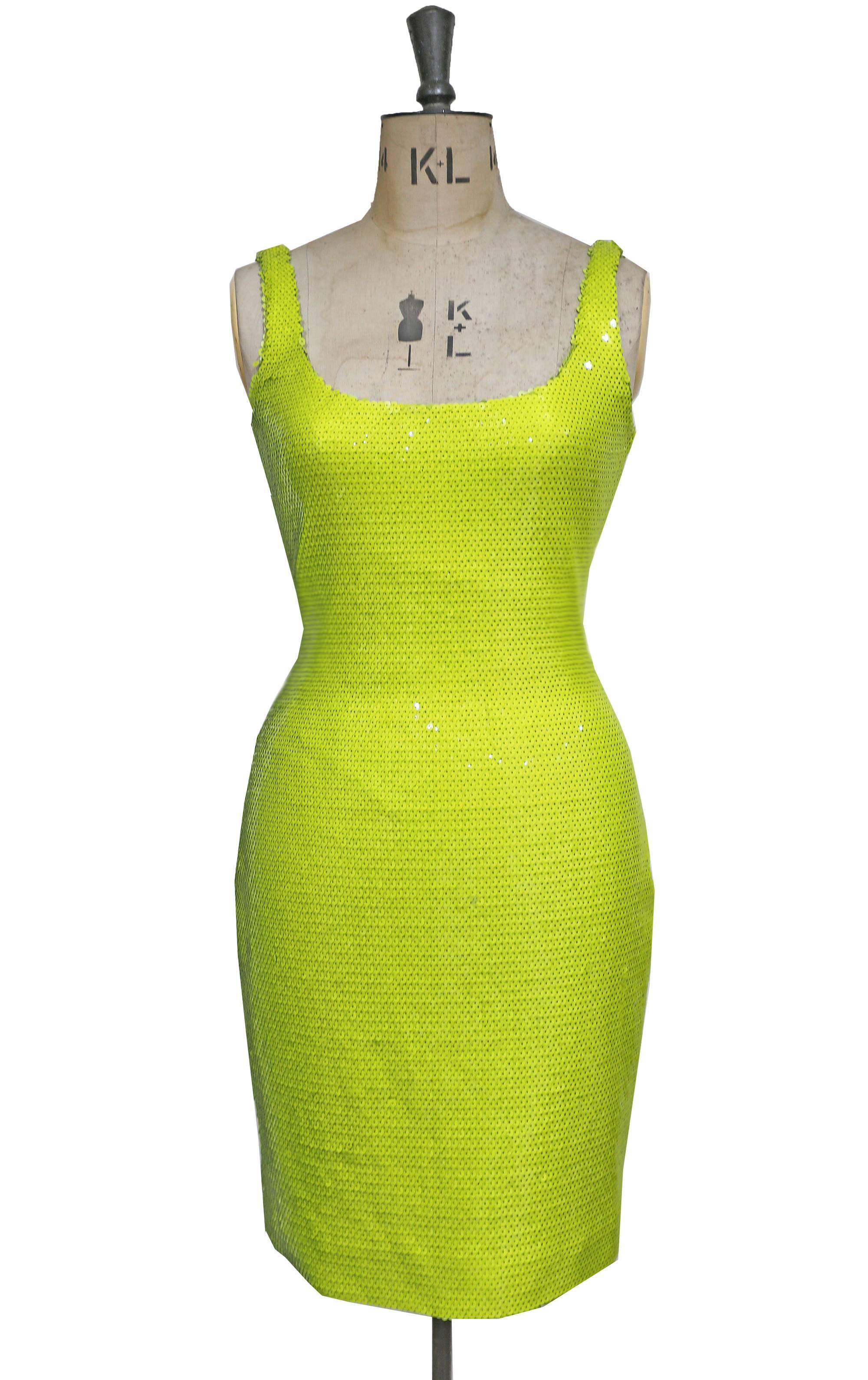 Stephen Sprouse bombshell bodycon sequinned neon yellow evening dress, c. 1980s In Excellent Condition In London, GB