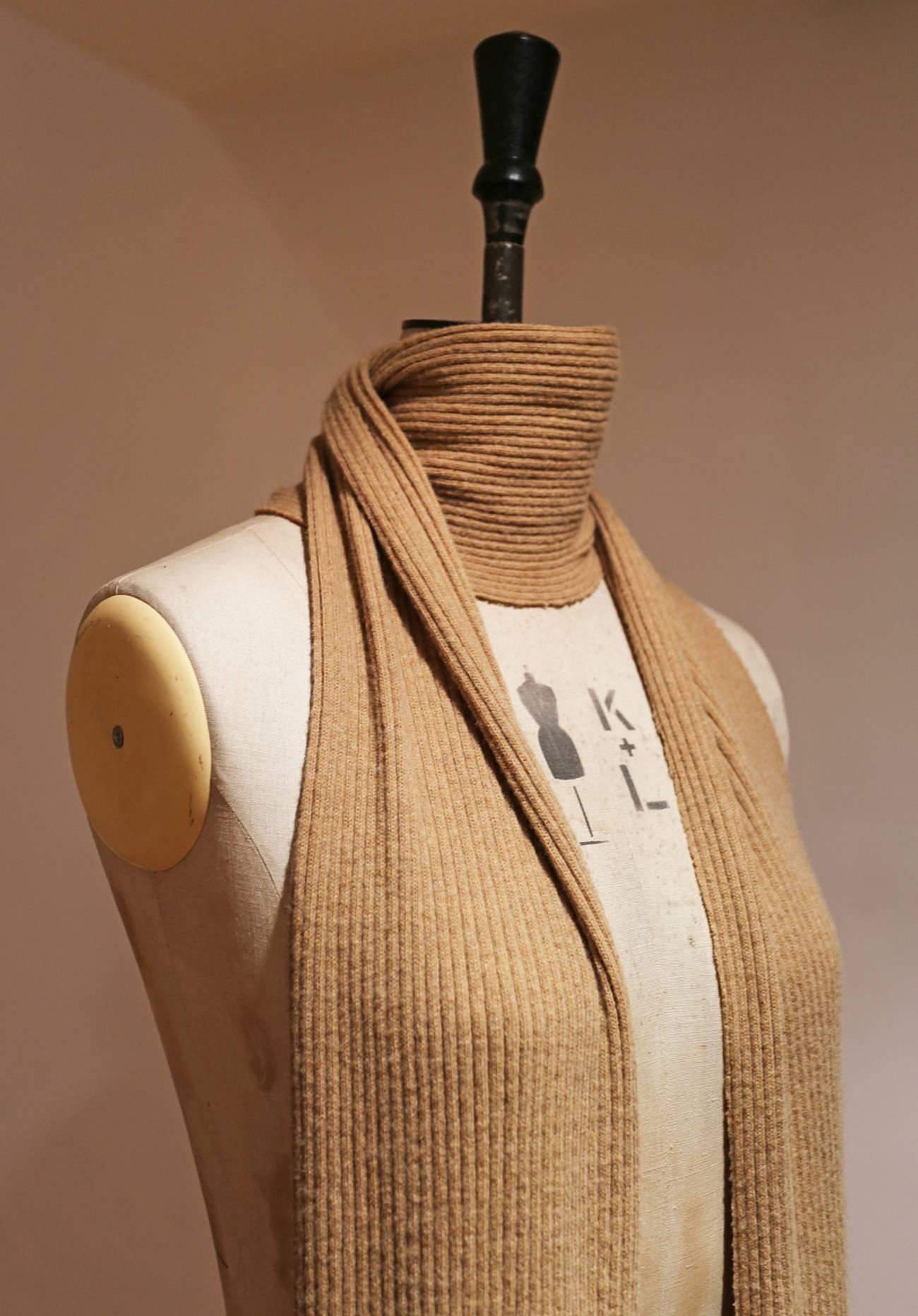 Brown Preen camel ruffled rib knit extra long scarf, c. 1990s