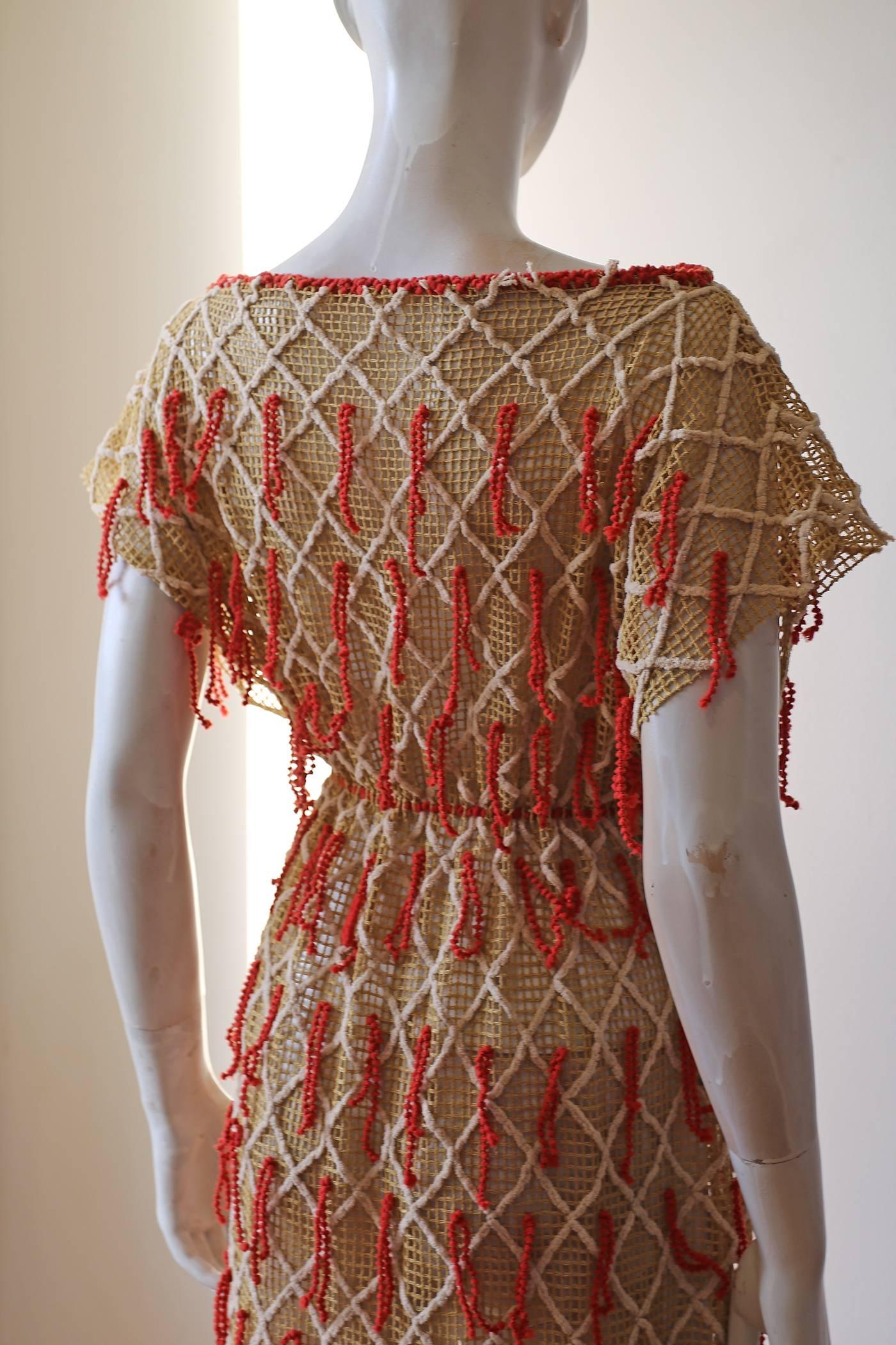 Embroidered netted dress with tassels, c. 1970 In Good Condition In London, GB