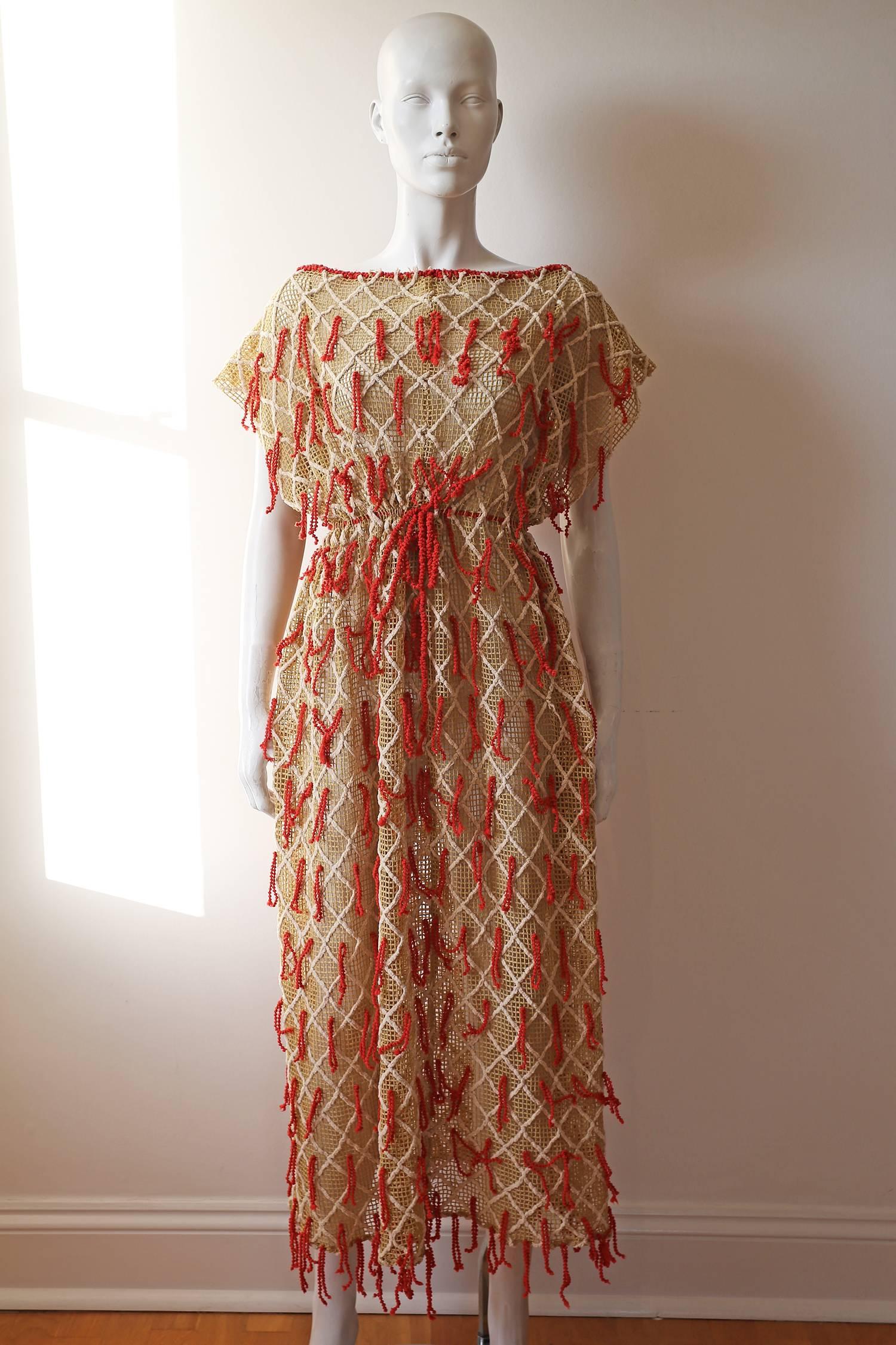Women's Embroidered netted dress with tassels, c. 1970