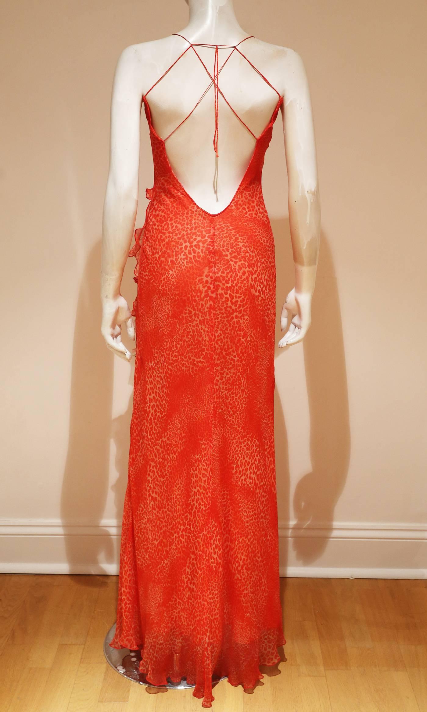 Red Blumarine bias cut silk chiffon evening dress with low back, c. 1990s