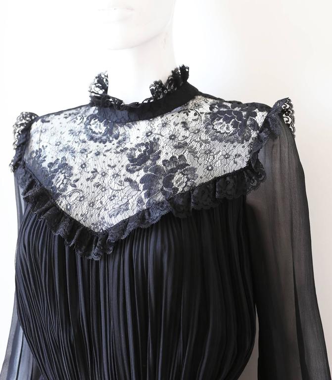 Black Hardy Amies pleated evening dress with lace, c. 1970s