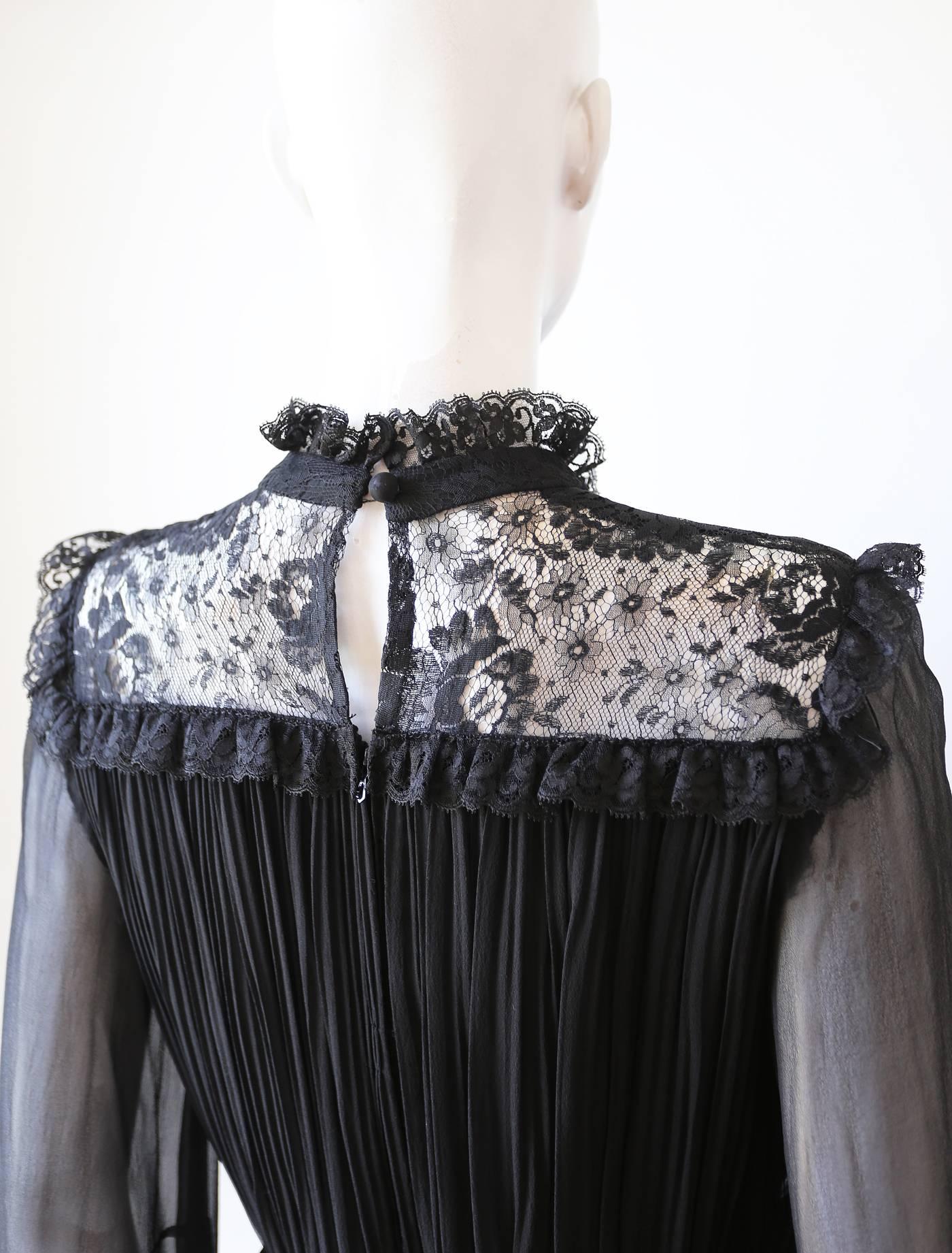 Hardy Amies pleated evening dress with lace, c. 1970s 1