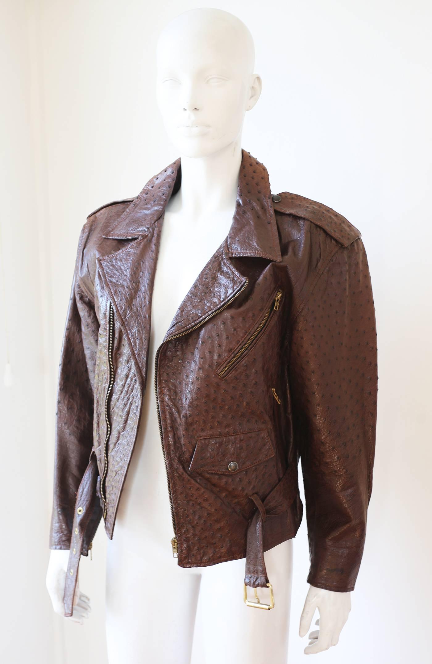 A rare and luxurious Jean-Claude Jitrois motorcycle jacket from the 1980s in brown ostrich skin and lined in silk. 

Medium