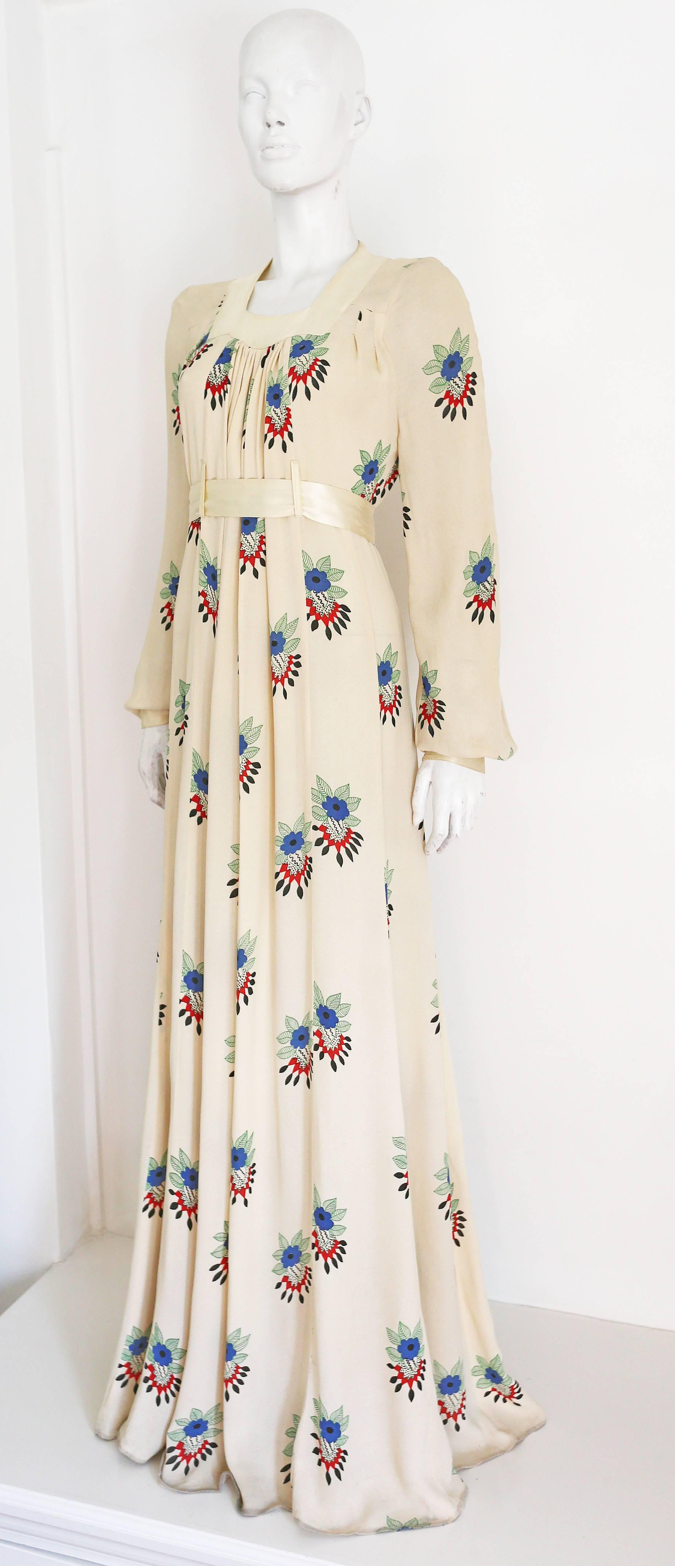 Beige Ossie Clark summer evening dress with Celia Birtwell print, c.1970s