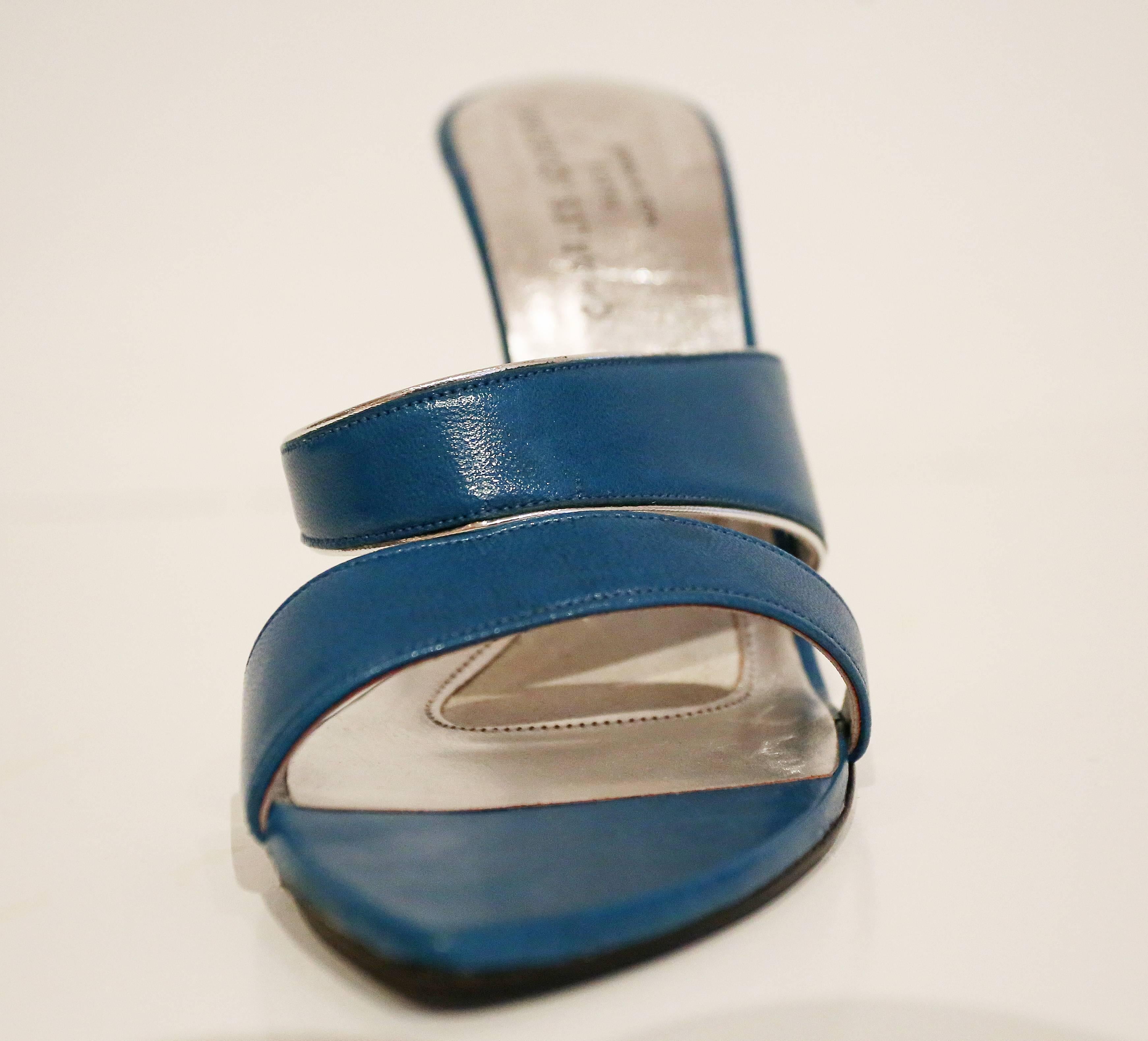 Blue Charles Jourdan futuristic wedge sandals, c. 1969–70