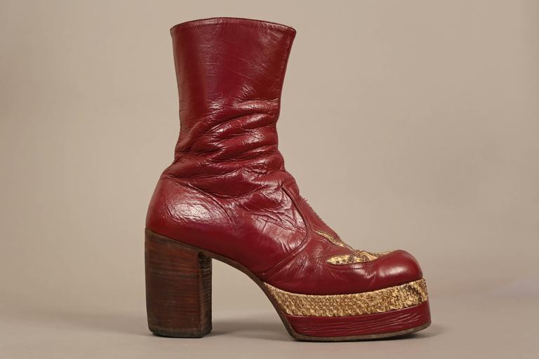 Mens burgundy leather platform boots with snakeskin, c. 1970 at 1stDibs mens vintage platform