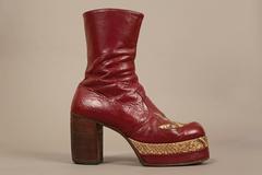 Mens burgundy leather platform boots with snakeskin, c. 1970
