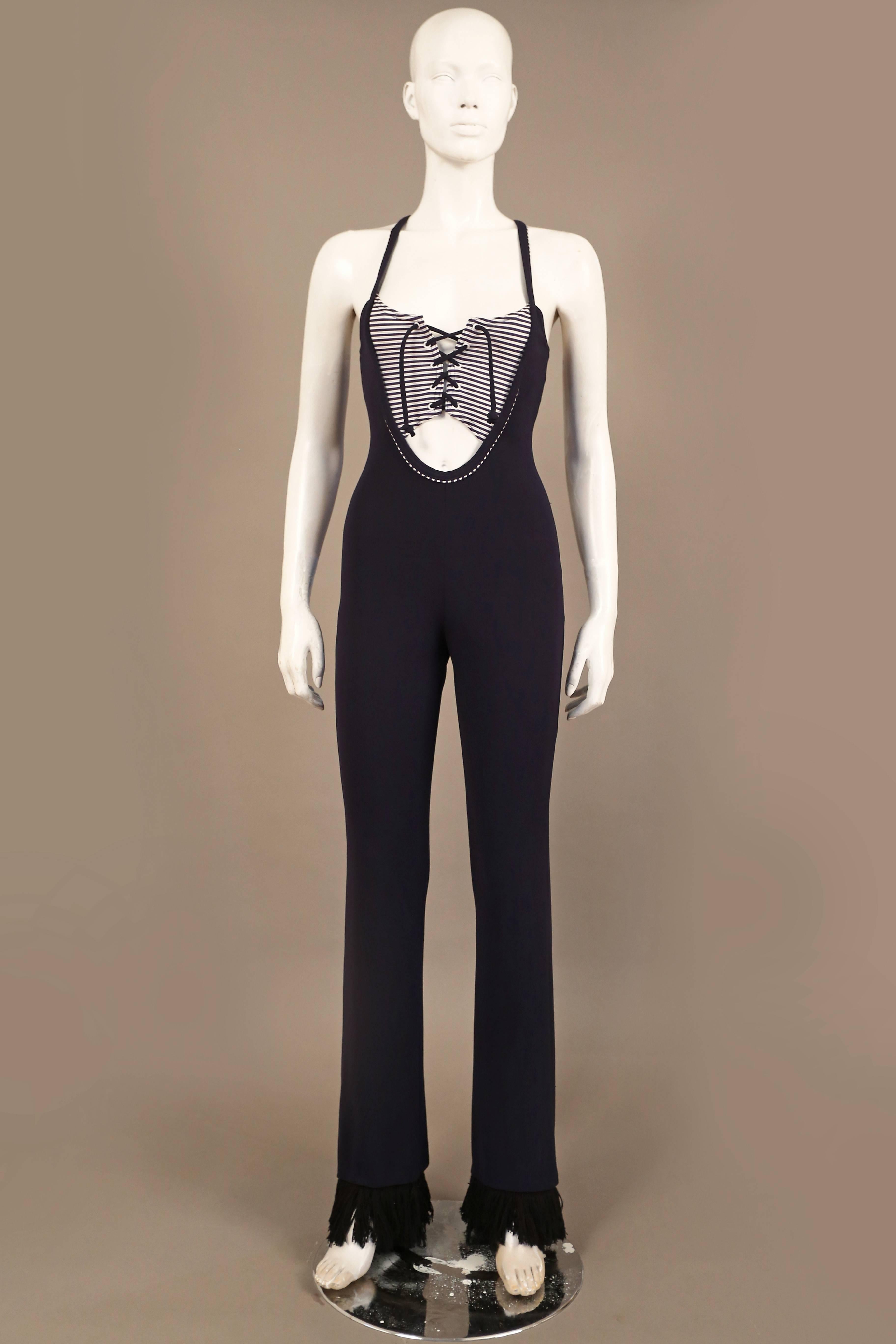 Marine blue jumpsuit with cut out and lace up bra, C. 1970 1