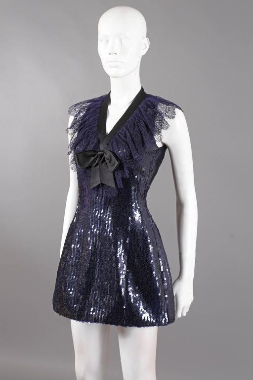 Chanel navy blue sequinned mini dress with lace collar and satin