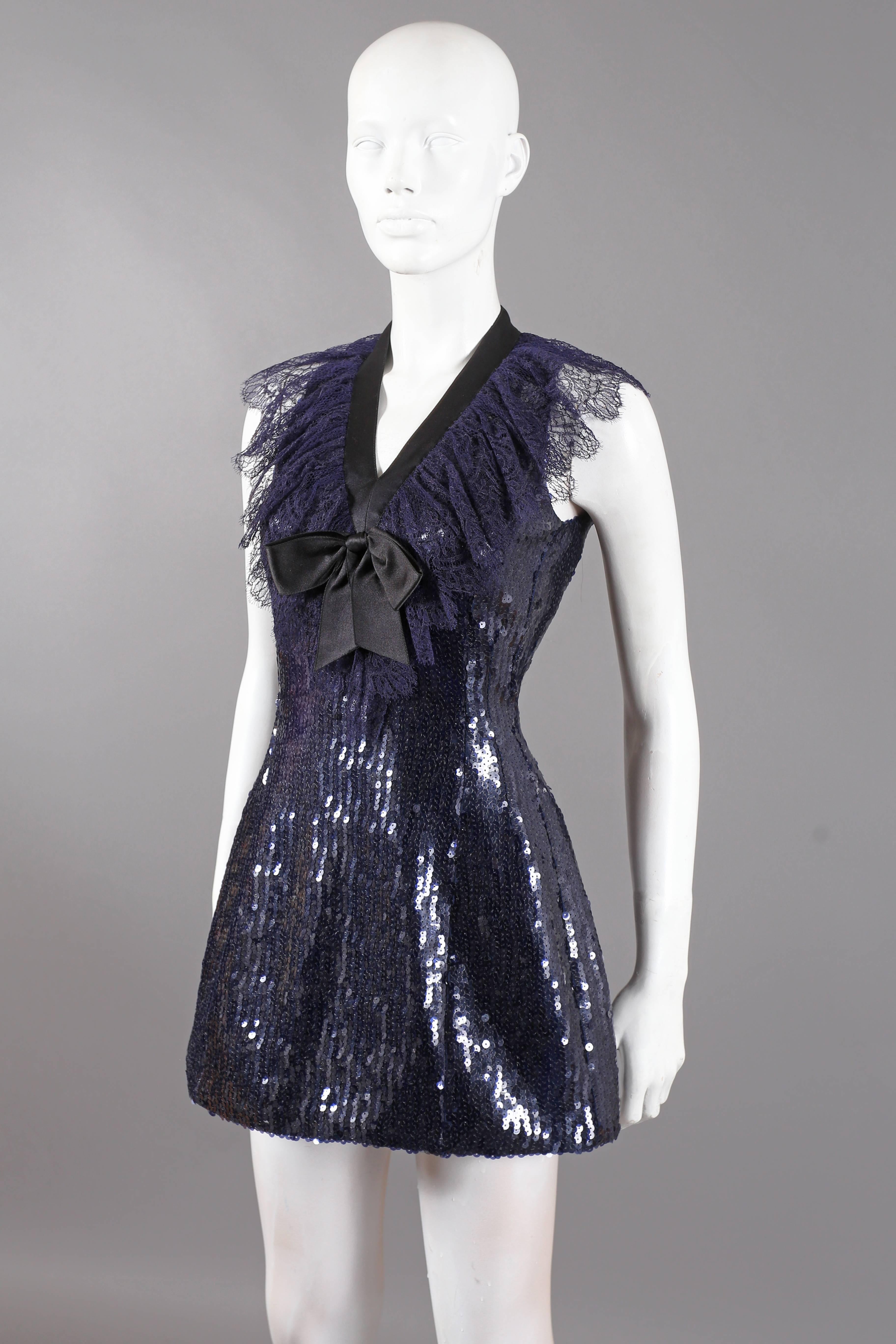 Chanel navy blue sequinned mini dress with lace collar and satin bow, C. 1987 2