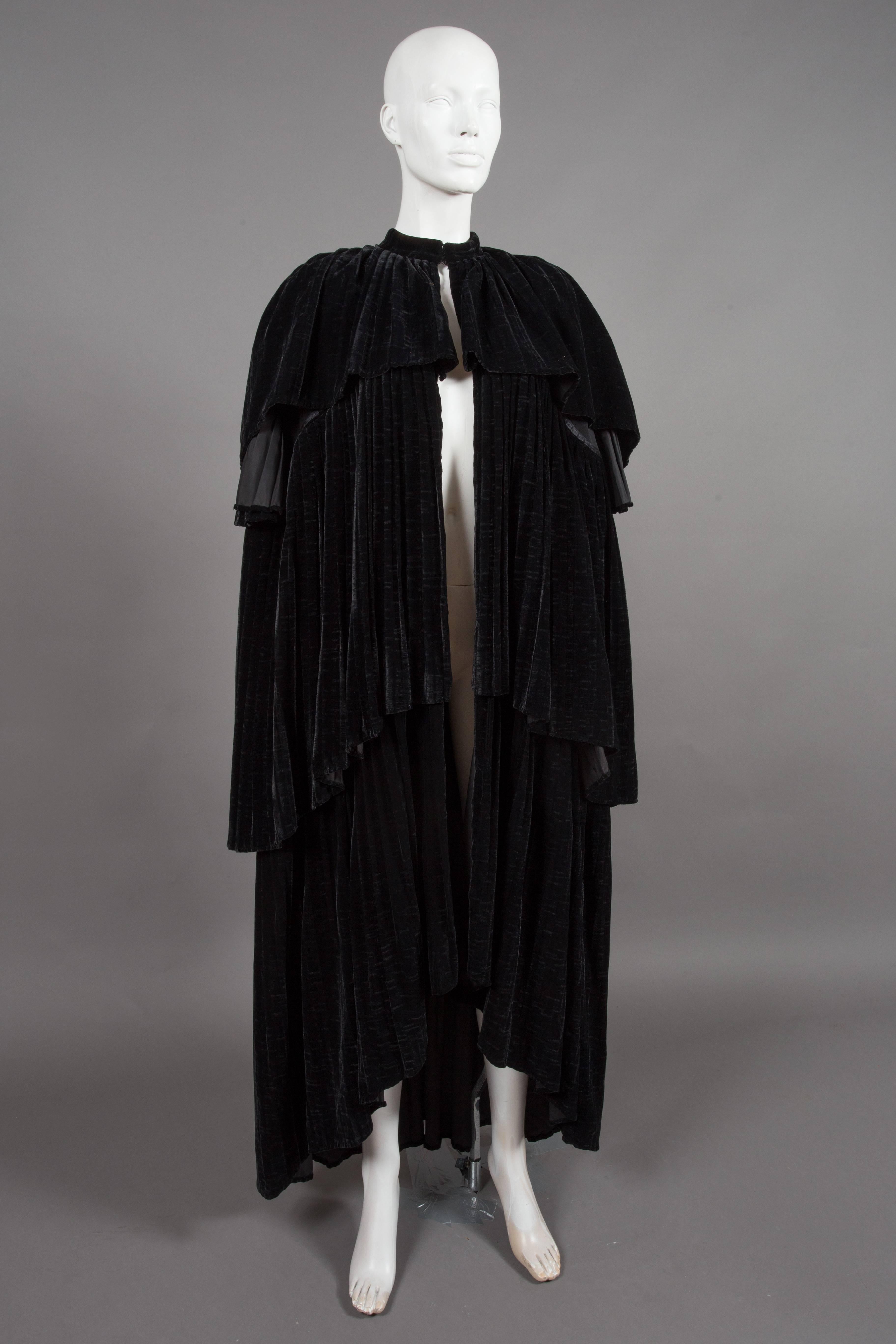 Thea Porter Pleated Black Silk-Velvet Tiered Evening Cape Coat, C. 1970 2