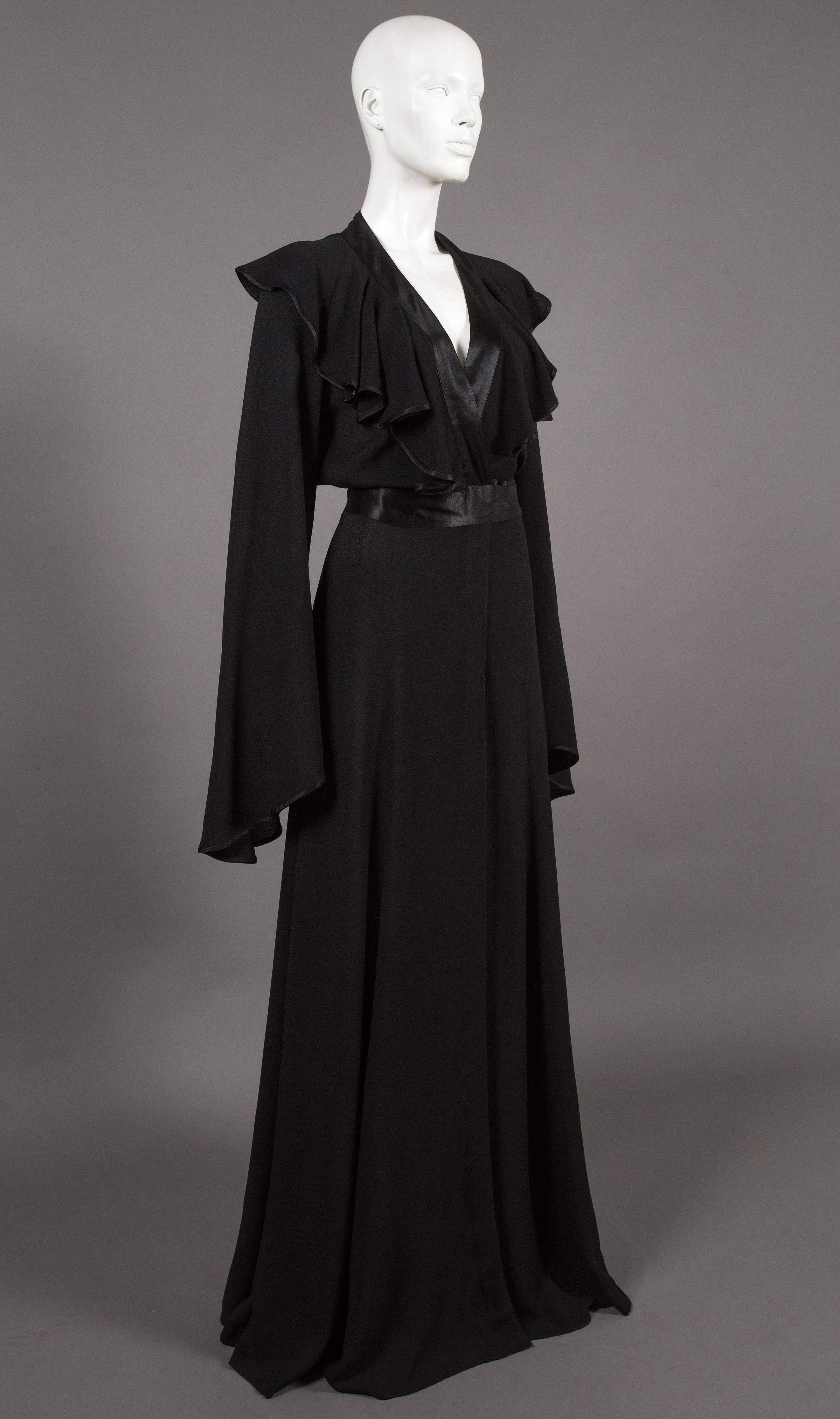 Ossie Clark couture black moss crêpe wrap around evening dress, c. 1970 3