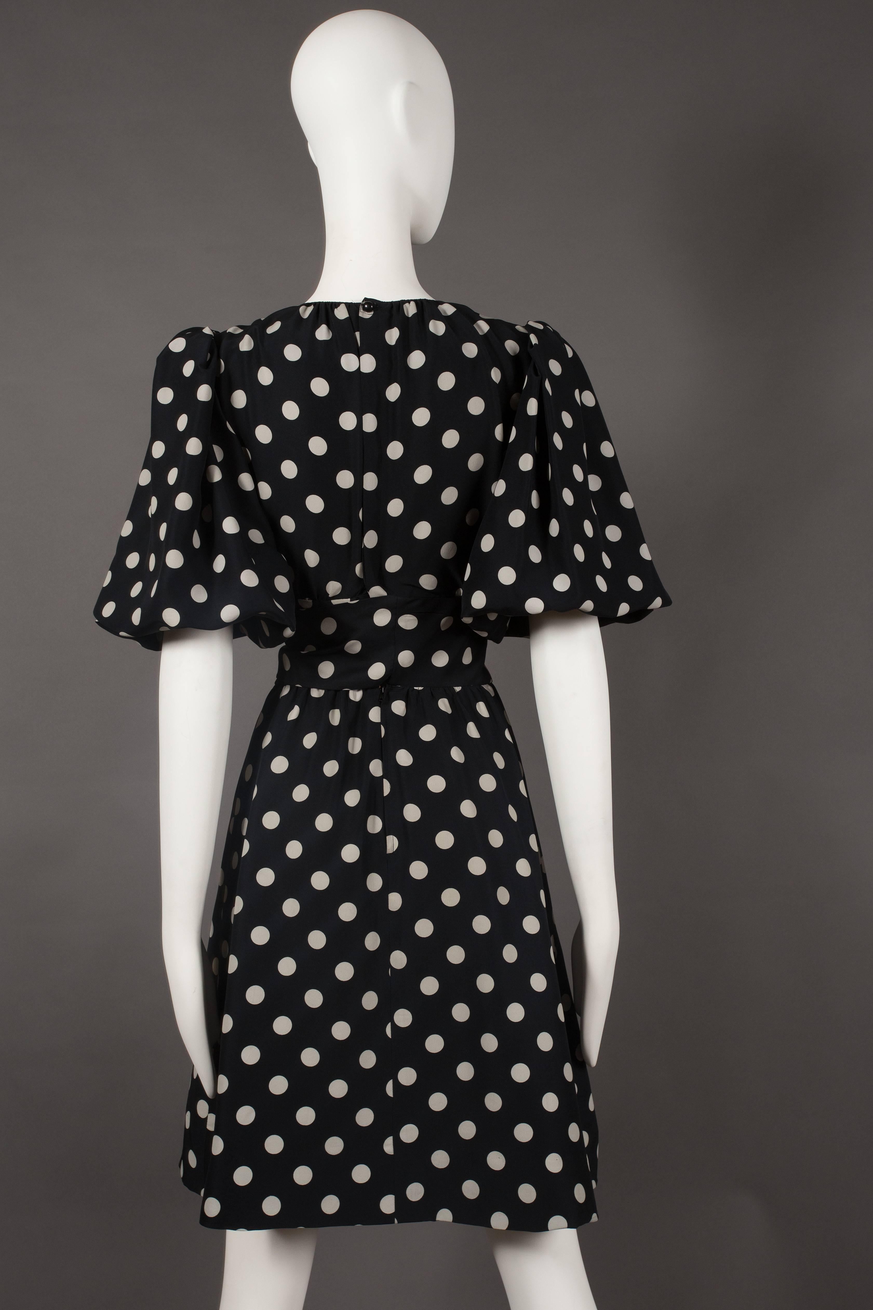 Black Yves Saint Laurent polka dot silk wrap dress, circa 1970