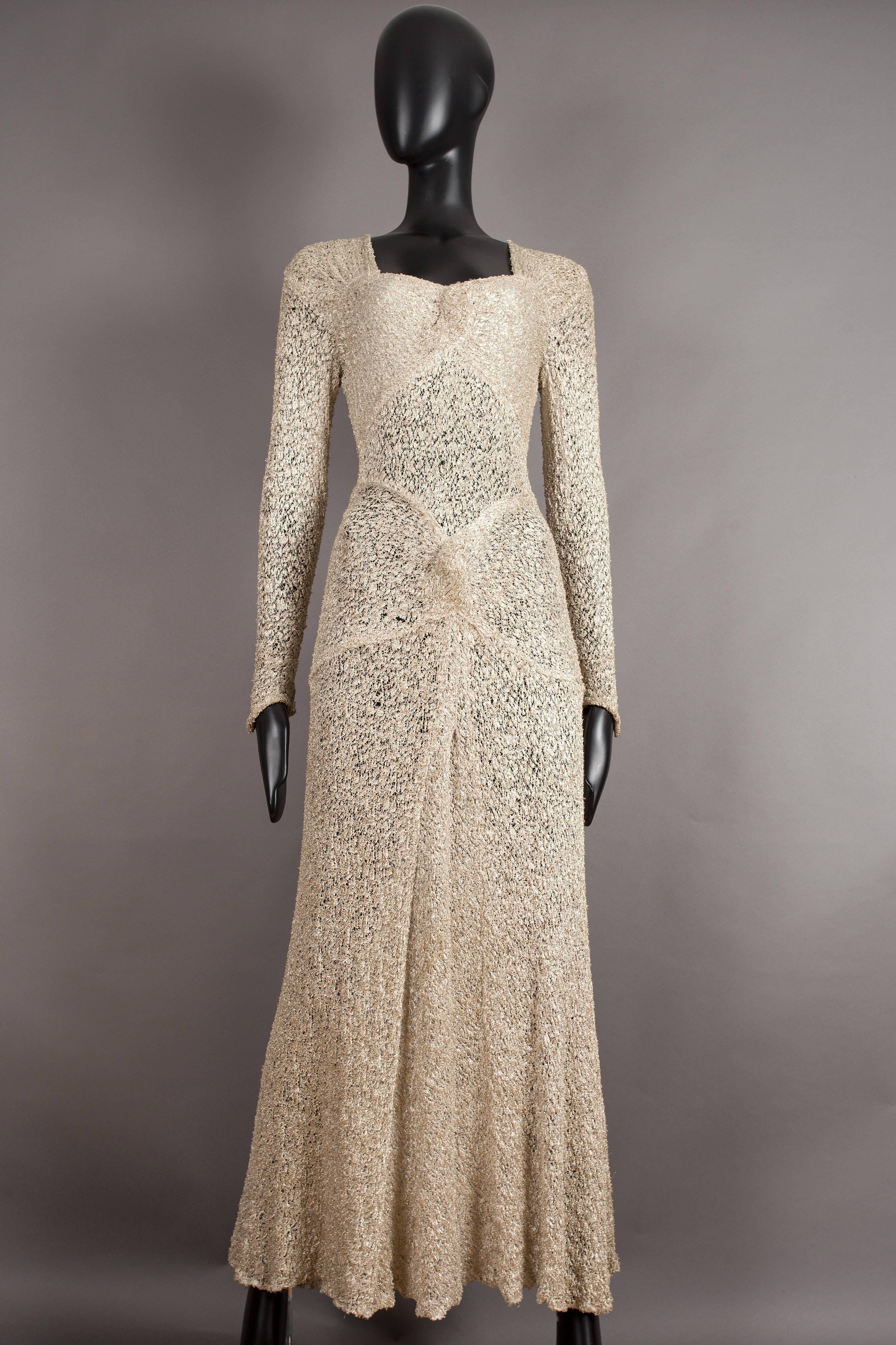 Ann Dawson ivory lame lace knit evening dress, circa 1930s. 