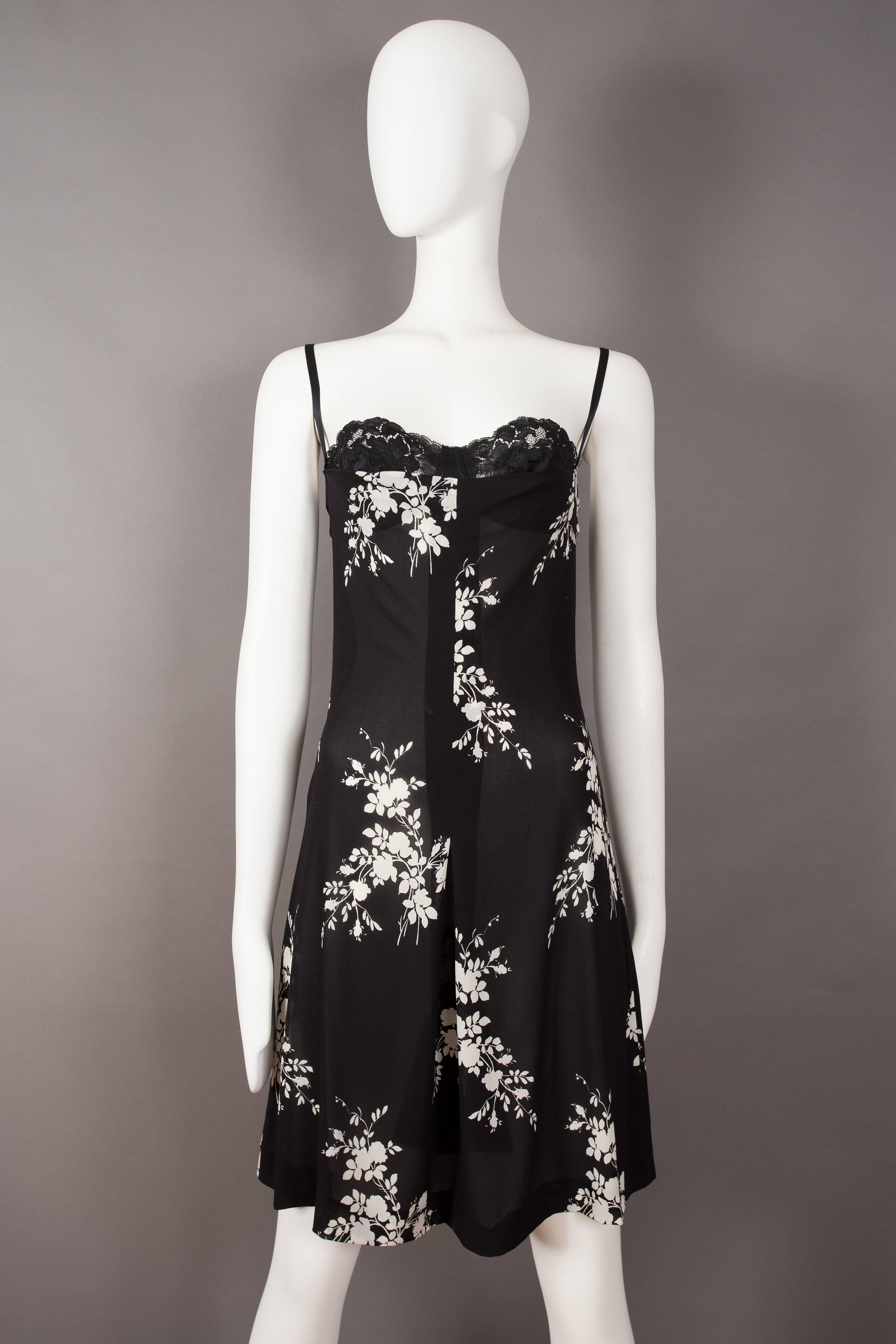 Dolce & Gabbana evening slip dress in silk chiffon, spring summer 1997. White floral print with black base and an internal satin bra with lace trim. 

 