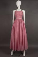 Couture baby pink silk chiffon evening gown with rhinestones, circa early 1940s
