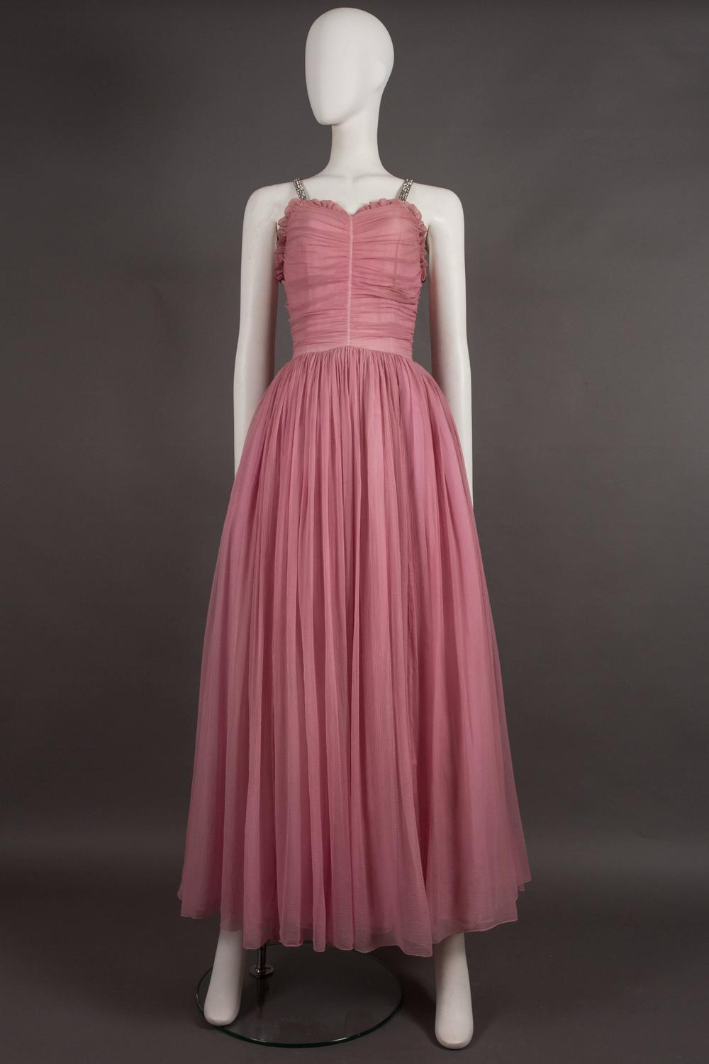 Couture baby pink silk chiffon evening gown with