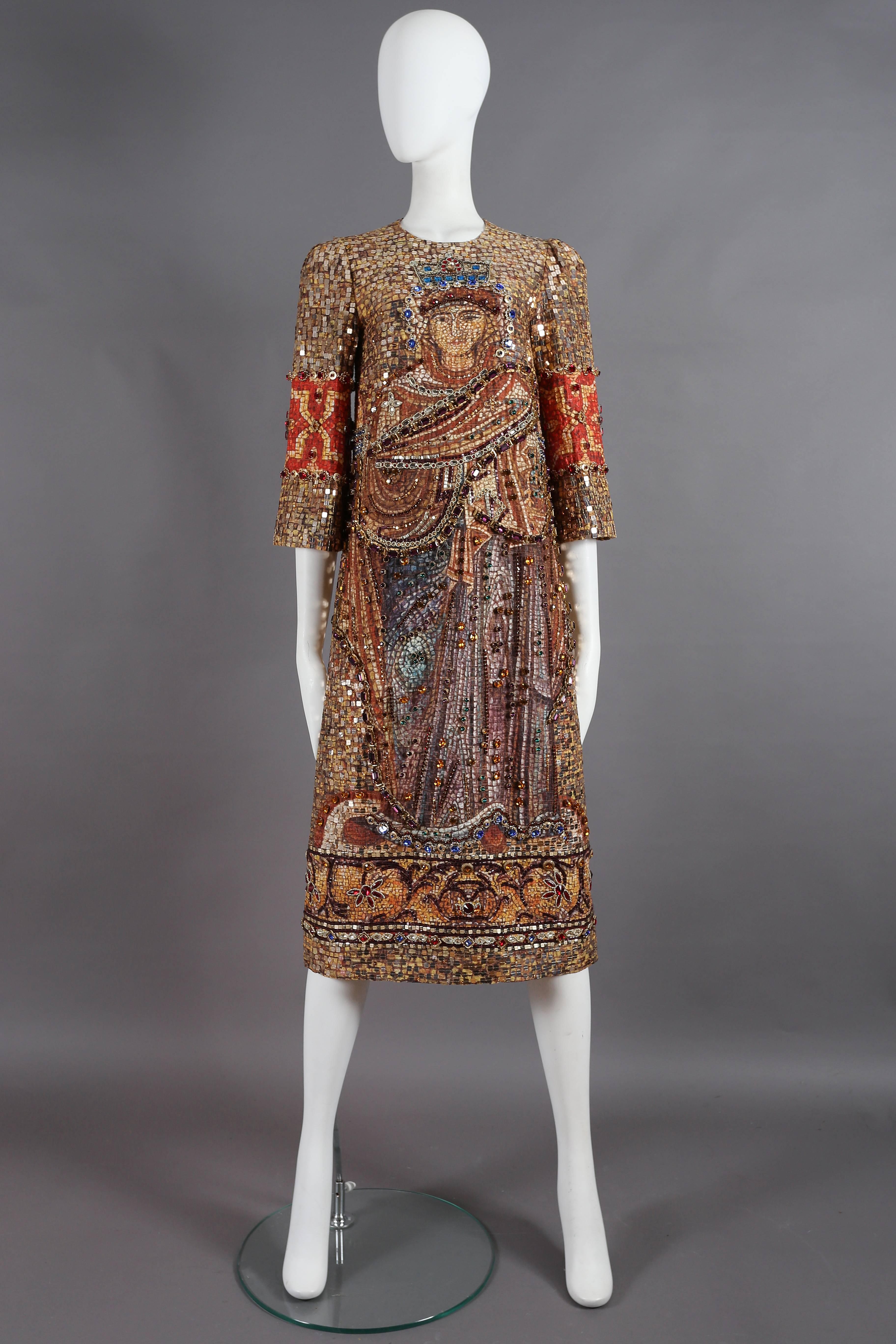 Exquisite and rare Dolce & Gabbana mosaic embellished shift dress, autumn-winter 2013. The silk dress features a Venetian inspired mosaic print throughout and is thoroughly embellished with square gold sequins, rhinestones, and beads. 

