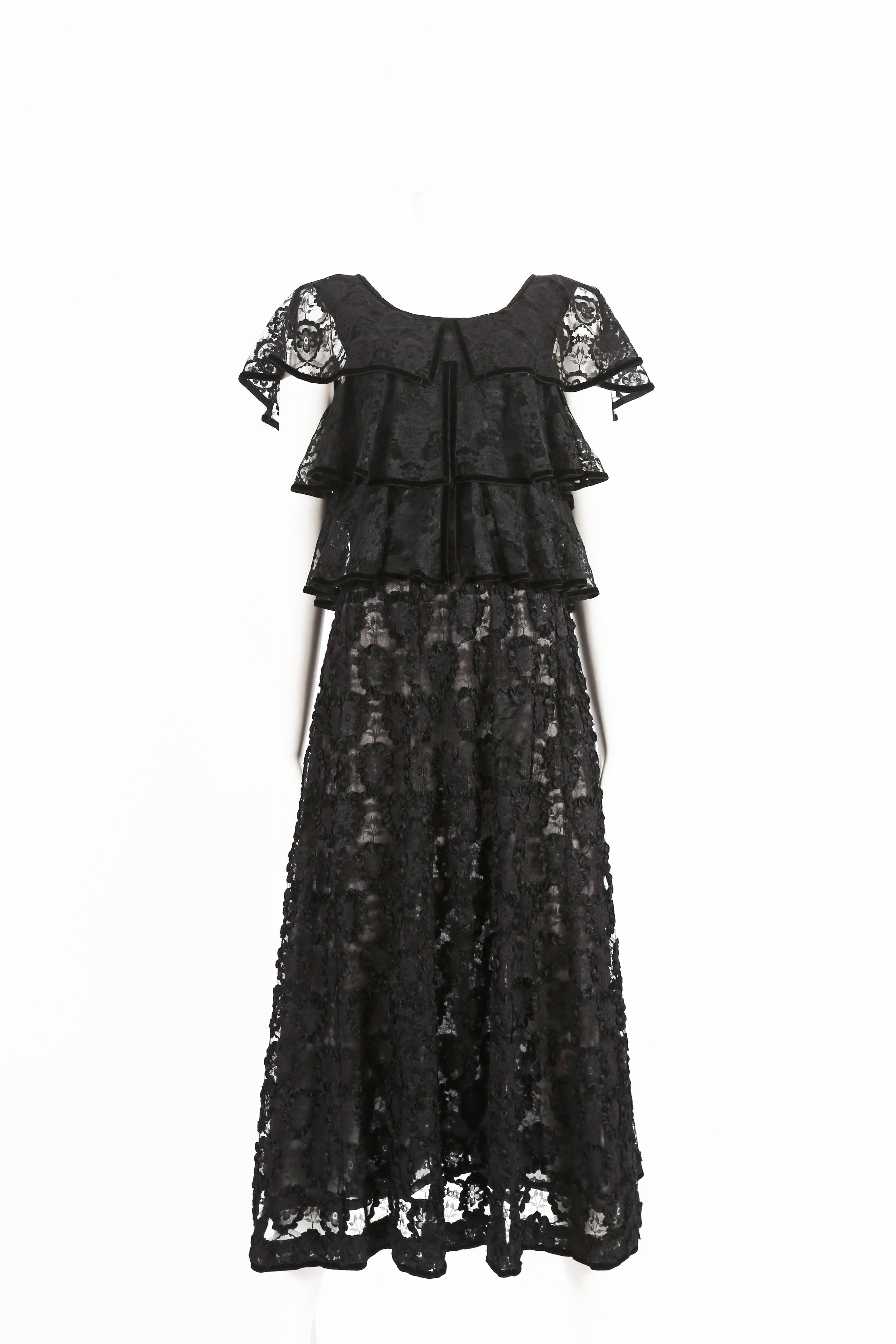 Thea Porter velvet trimmed lace evening dress with voile cotton underskirt, circa late 1960s