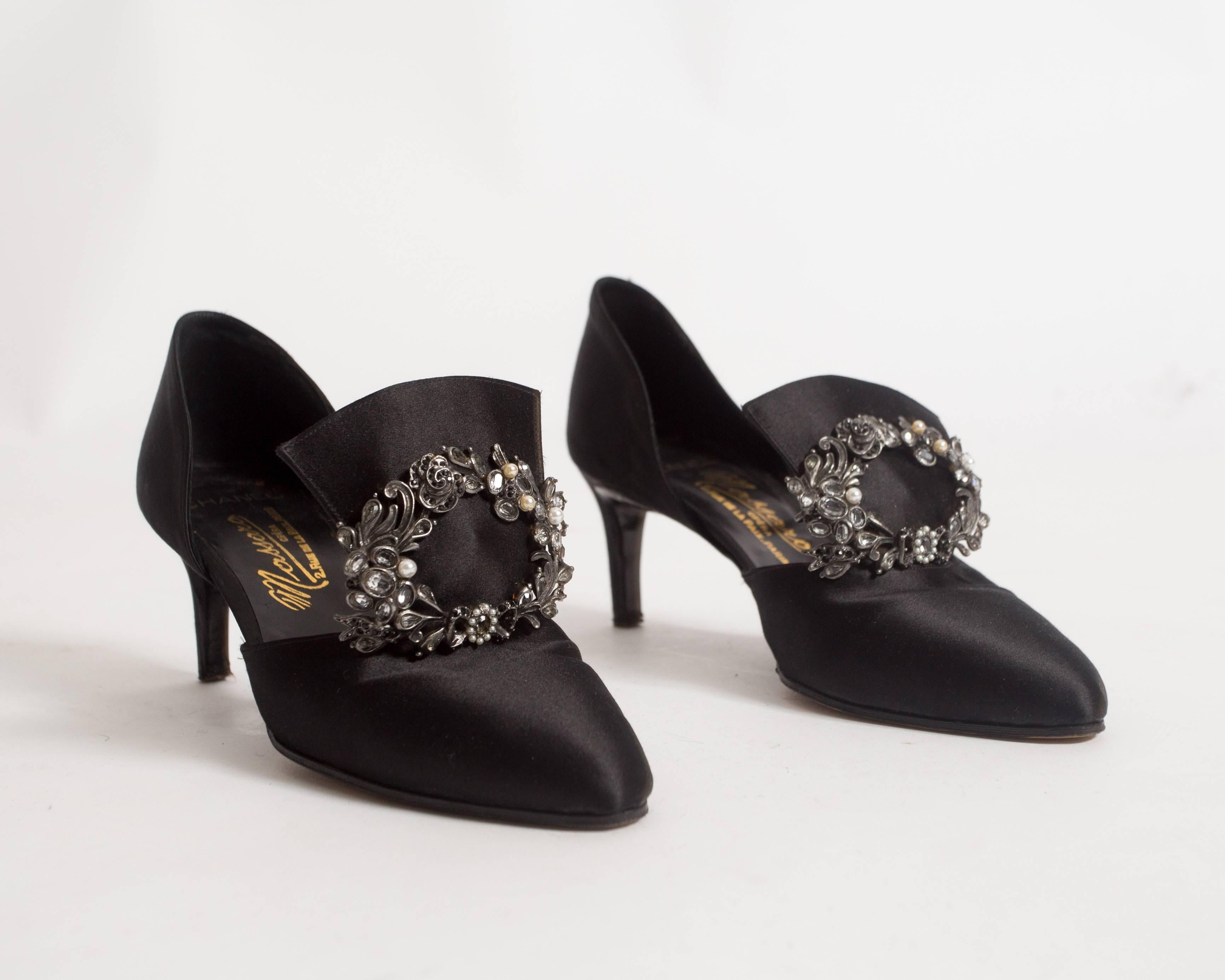 Chanel Haute Couture satin pumps with brooch by Massoro, circa 1950s at ...