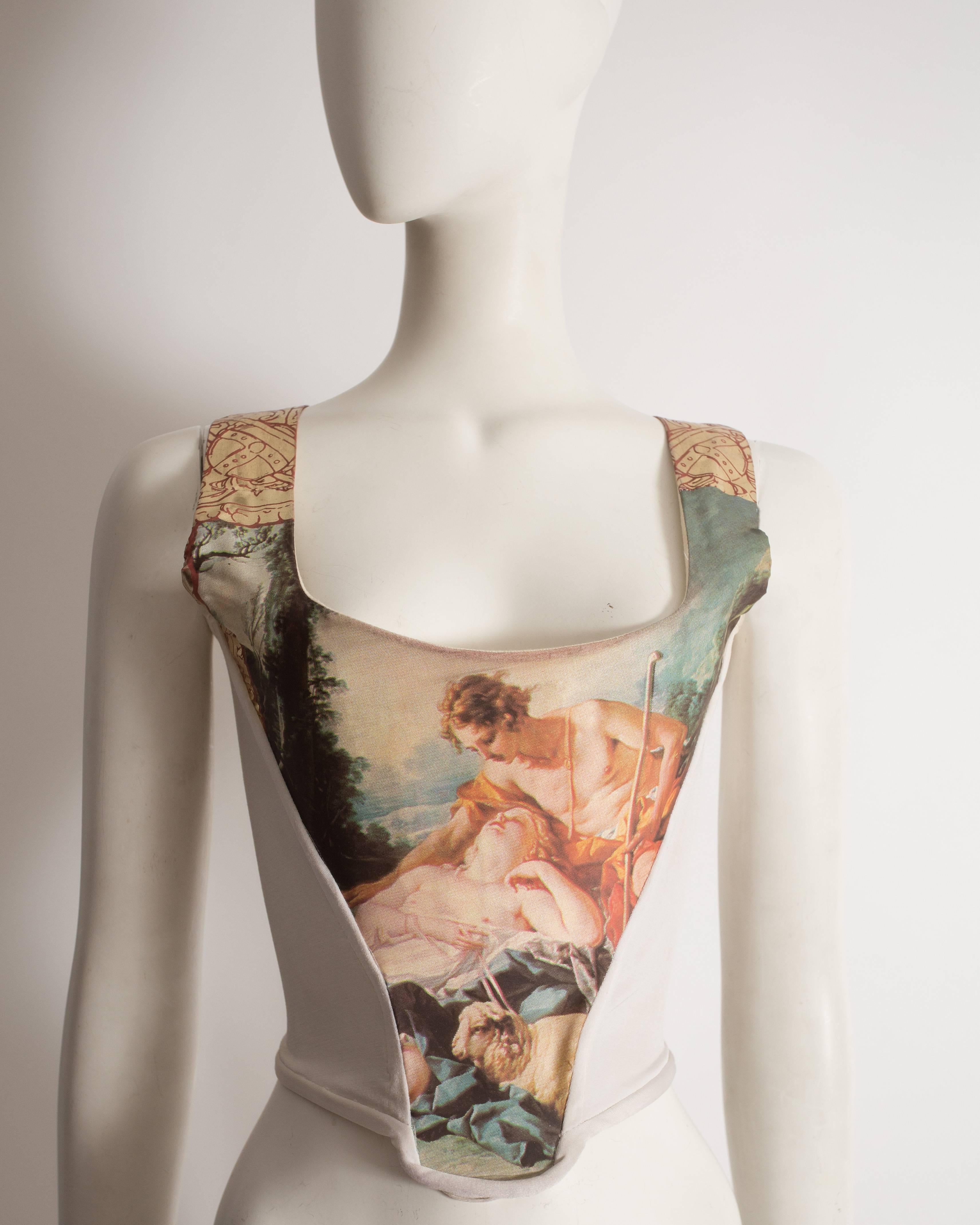 Rare and iconic Vivienne Westwood corset from the 'Portrait Collection' autumn-winter 1990. Features the François Boucher oil painting 'Daphnis and Chloe' c. 1743.