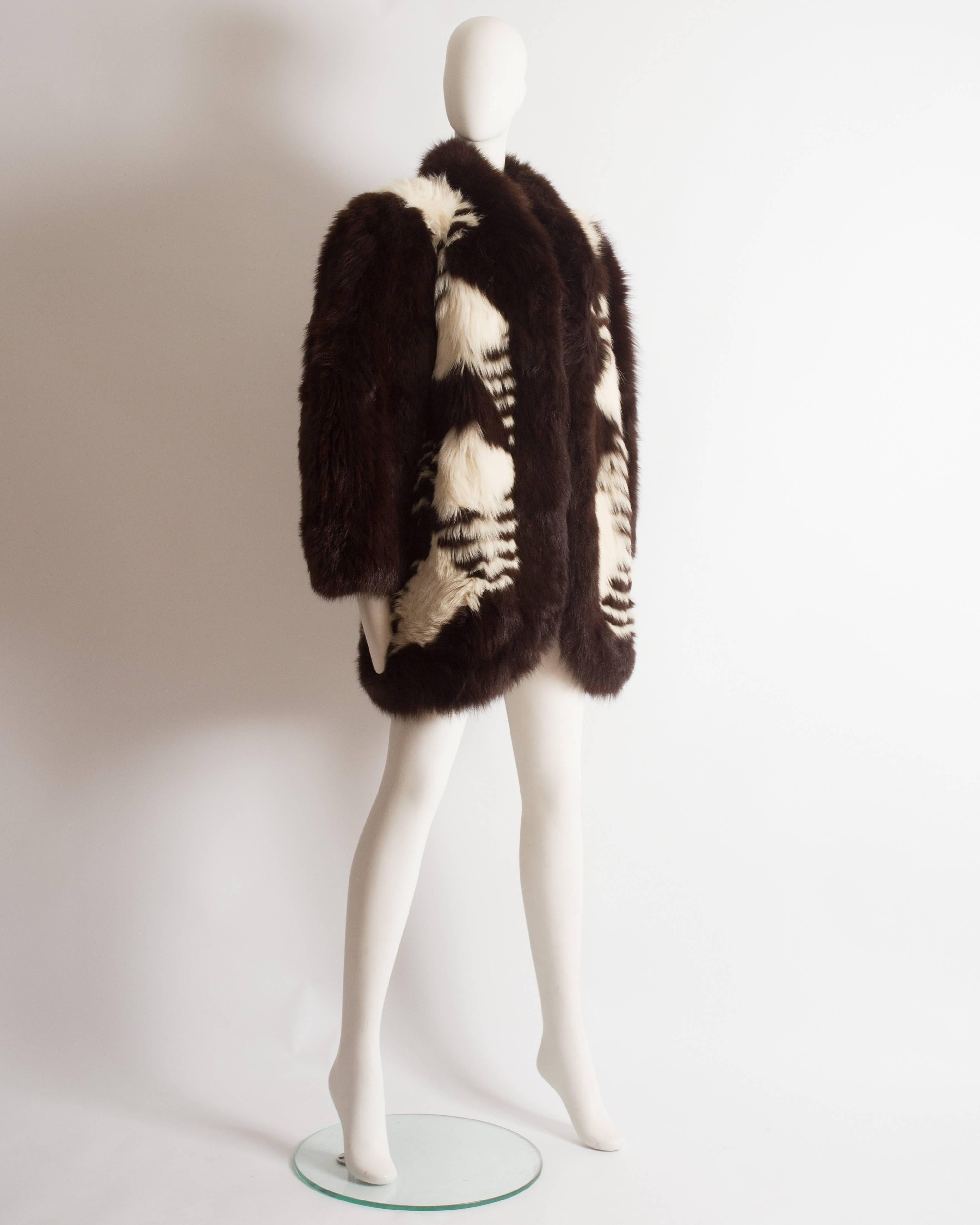 Yves Saint Laurent oversized brown and white fox coat, c. 1980s In Excellent Condition For Sale In London, GB