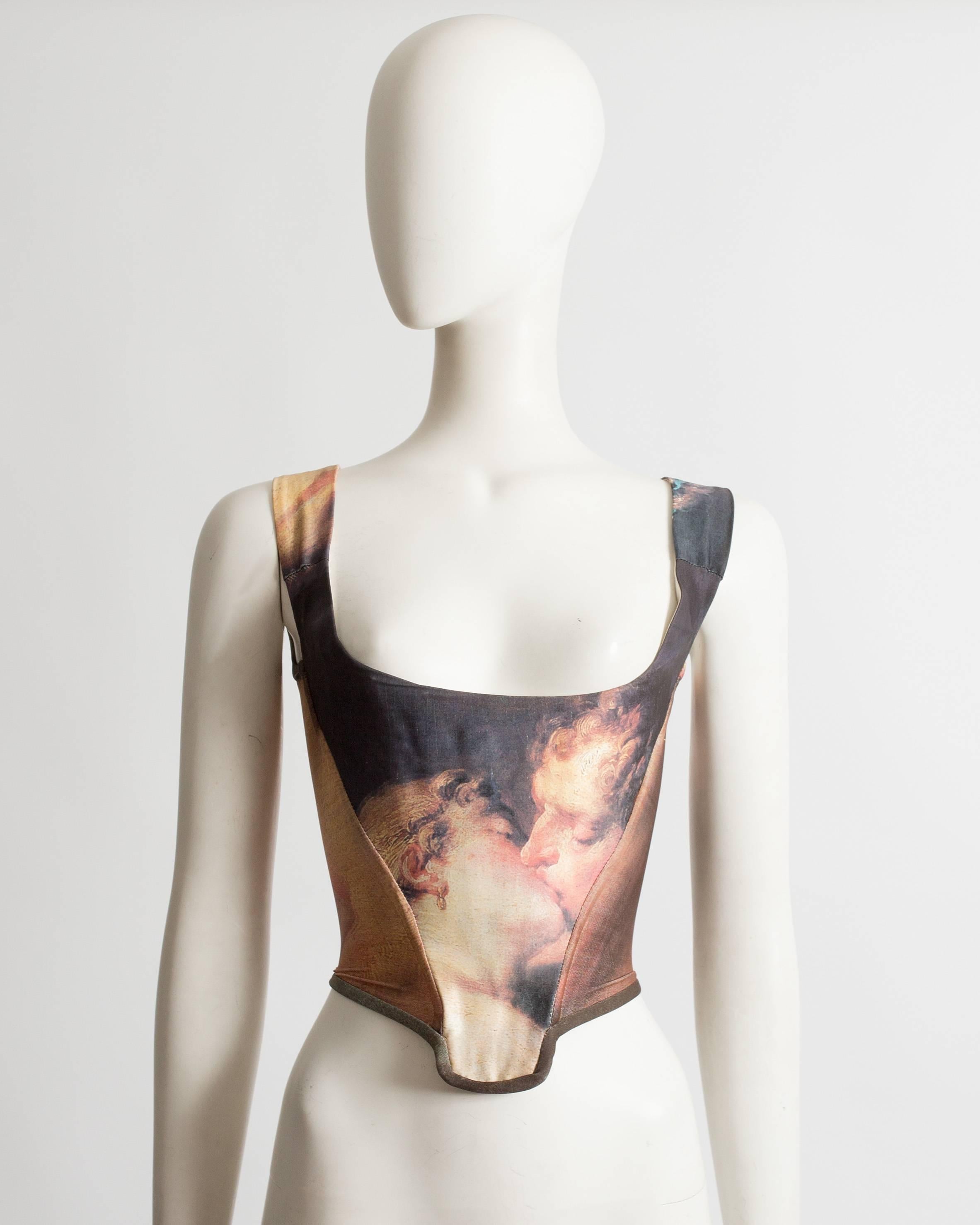 Vivienne Westwood boned corset featuring a patchwork printed 'Hercules and Omphale' painting Francois Boucher (1735) throughout. 

Autumn-Winter 1993