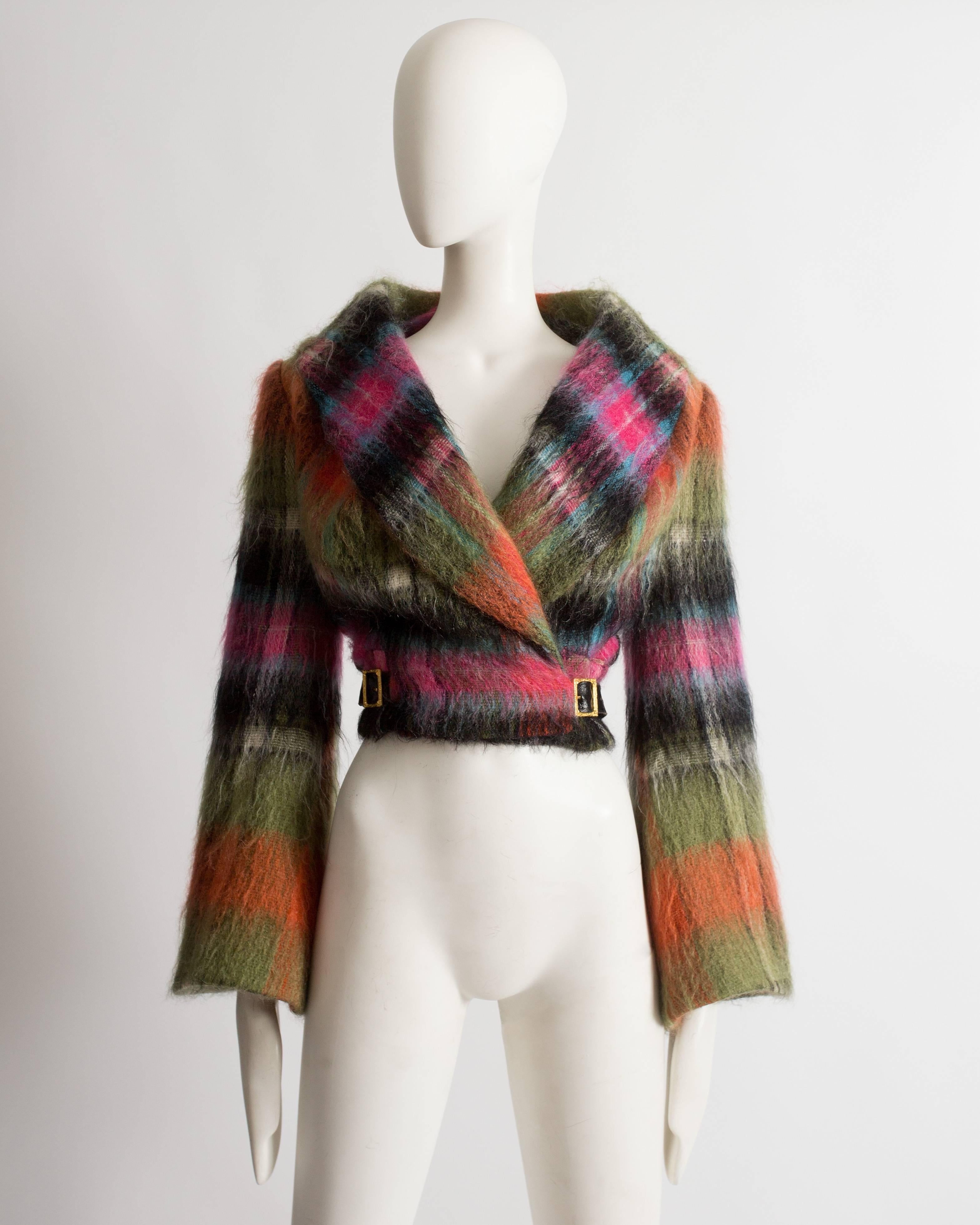 Important Vivienne Westwood tartan mohair wool jacket with bell sleeves, two gold buckle fastenings on the waist and hair print acetate lining. 

Autumn-Winter 1993