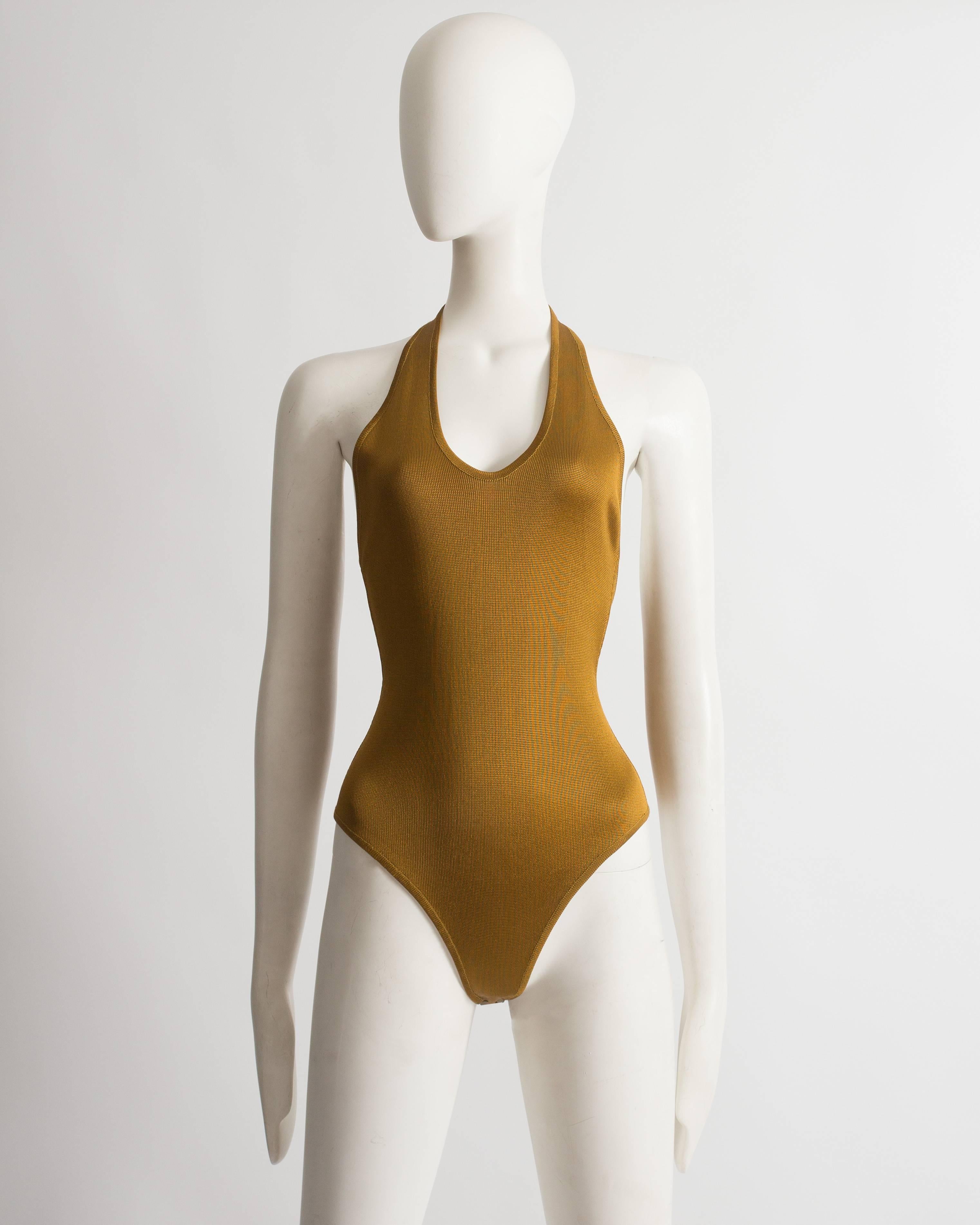 Brown Alaia brown mustard acetate knit halter neck body, circa 1989