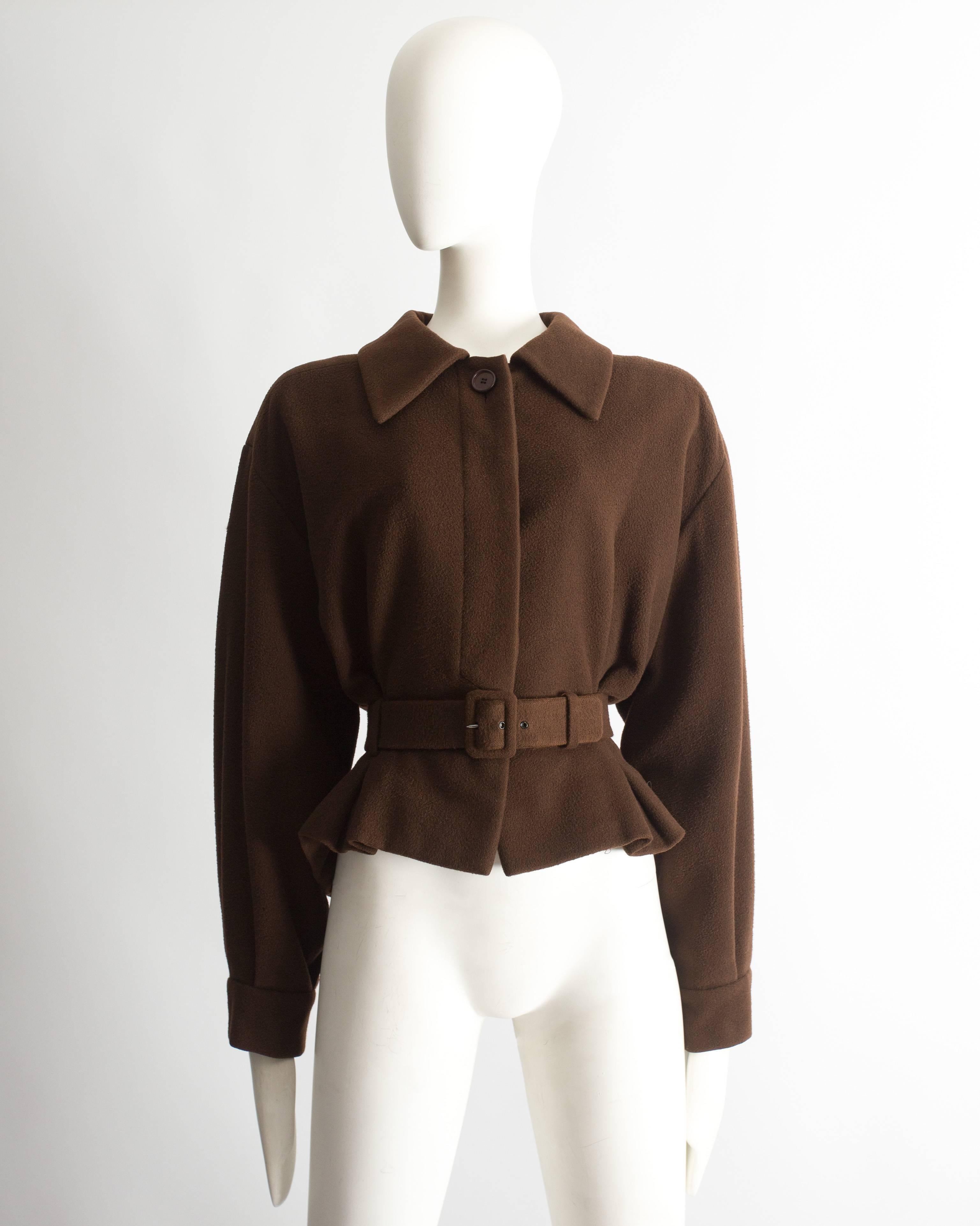 Christian Dior Haute Couture brown cashmere and wool jacket from the Autumn-Winter 1988 collection. Silk lining, pointed collar, matching belt with leather backing and, hidden button closures at the front. 