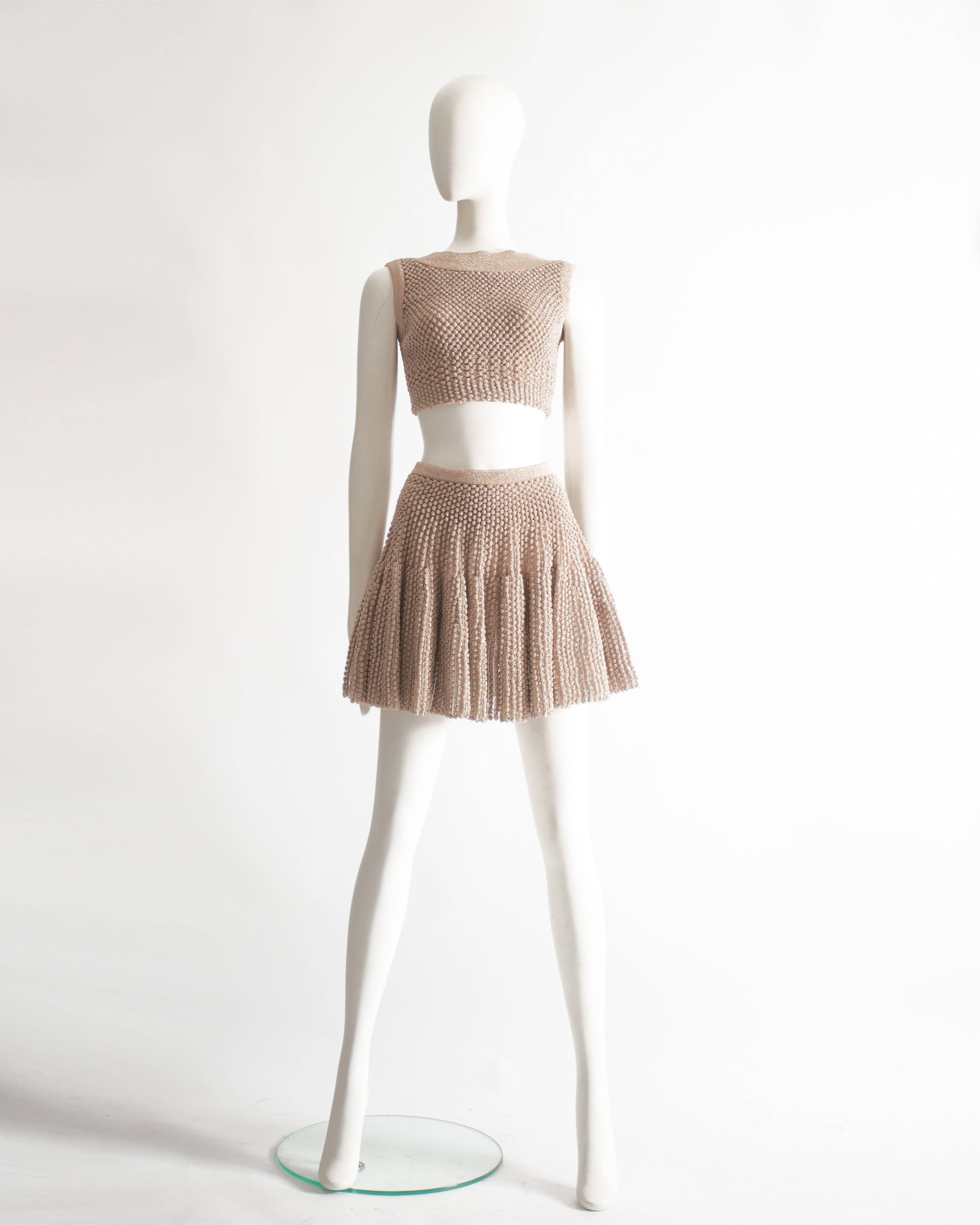 Alaia metallic lurex knit crop top and skater skirt with internal mini shorts. 