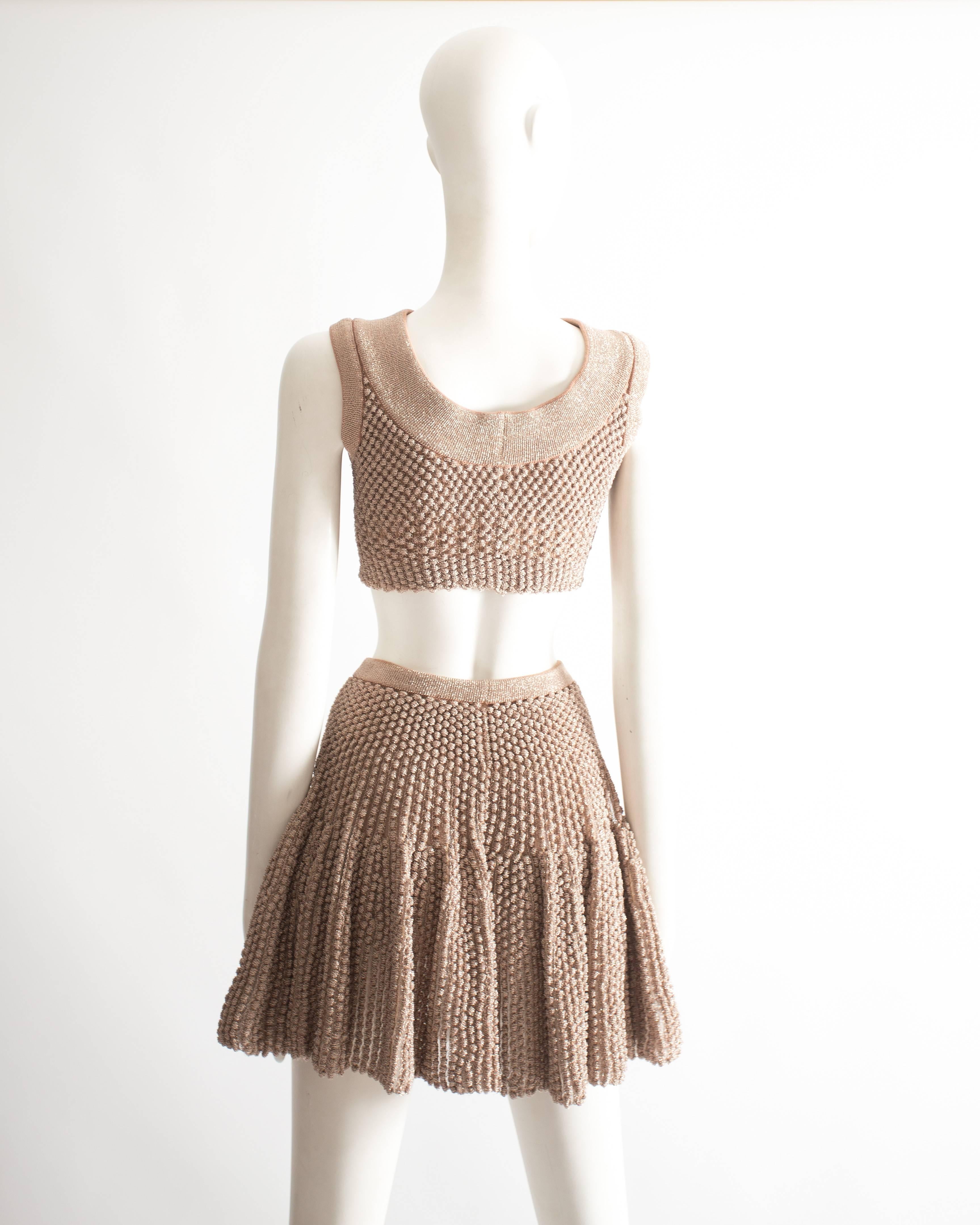 Brown Alaia metallic lurex knit crop top and skater skirt evening ensemble 