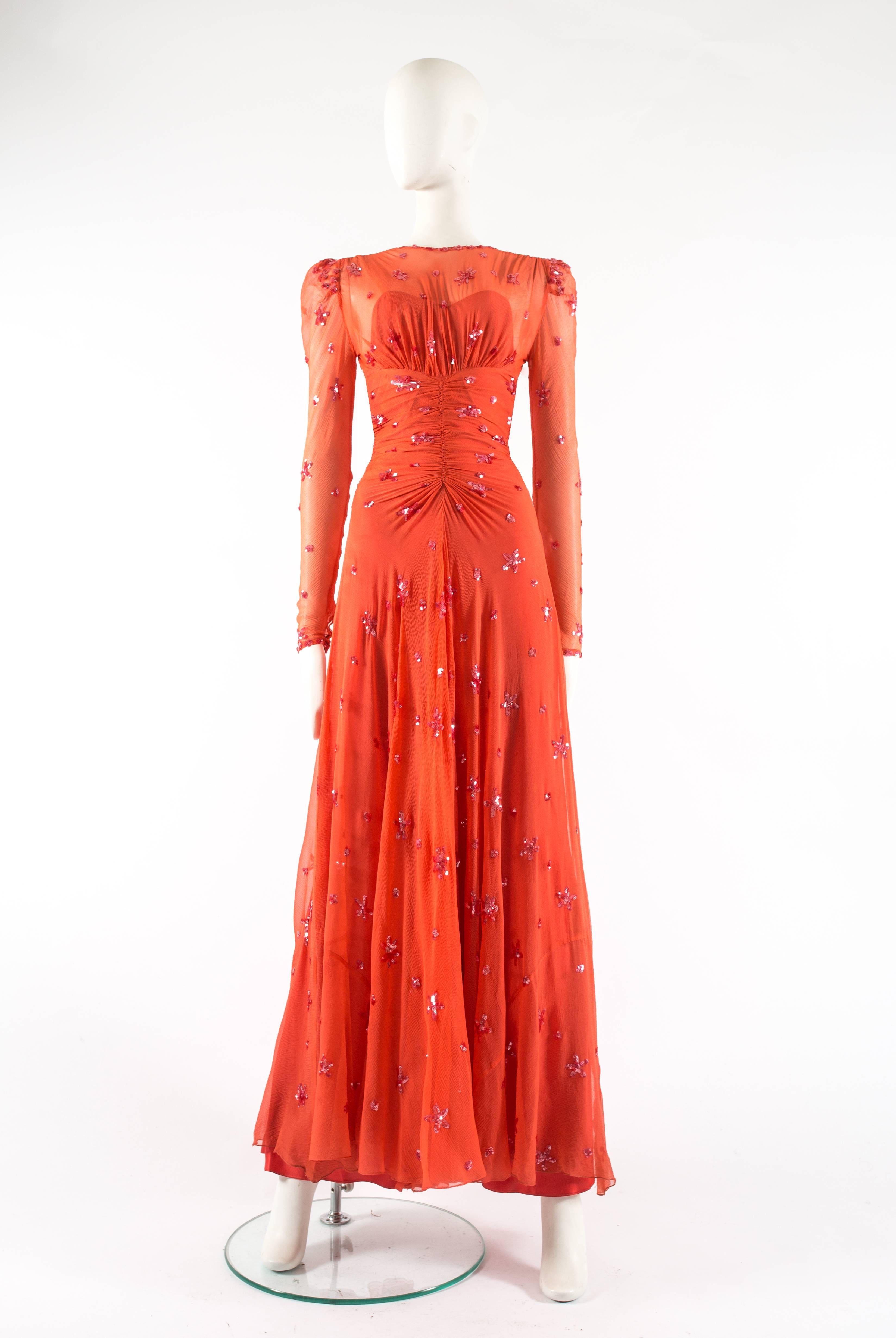 1930s coral silk chiffon evening dress with sequinned star embellishment

- silk underdress 
- hook-and-eye closures
