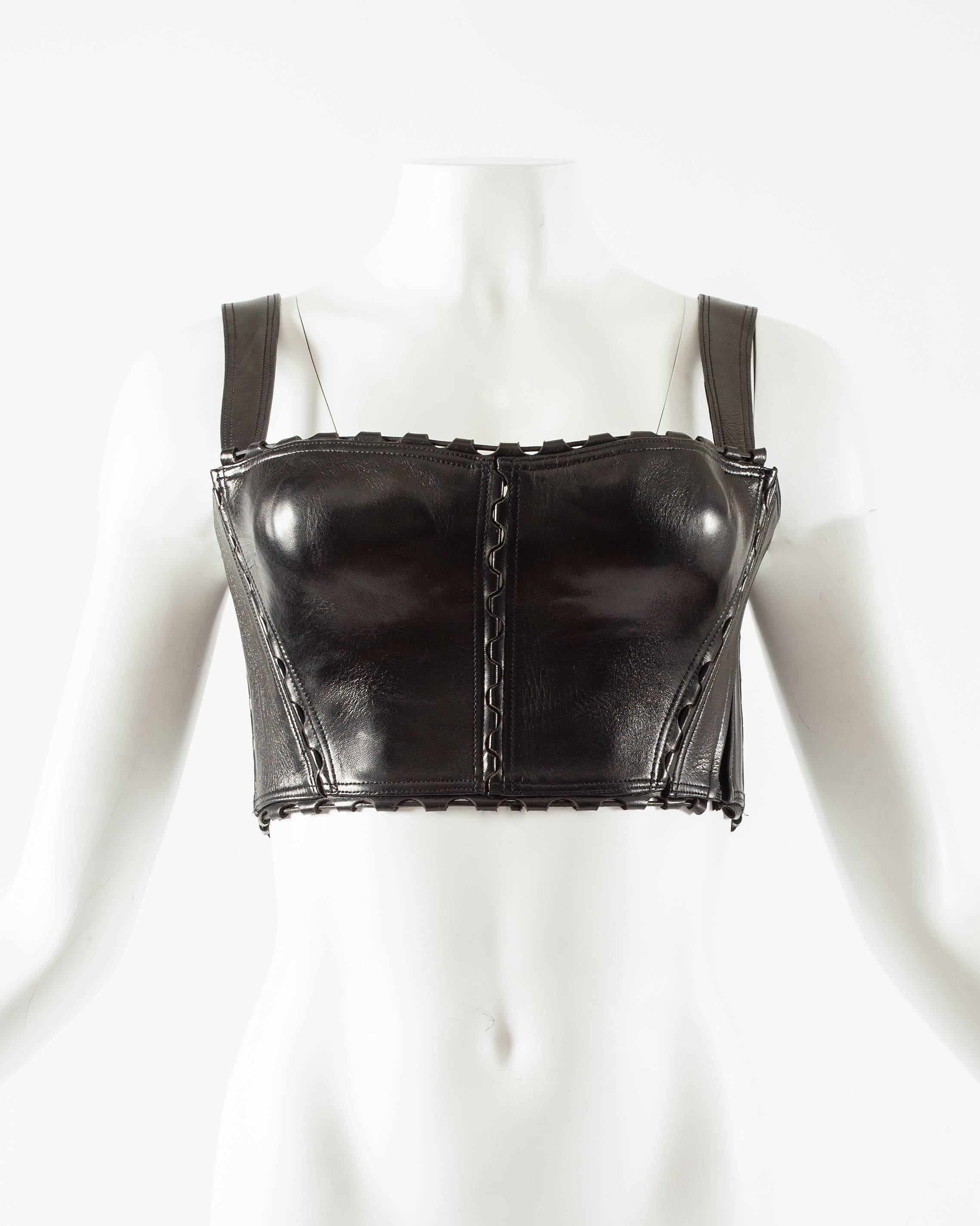 Alaia Spring-Summer 1992 black leather lace up bra In Excellent Condition In London, GB