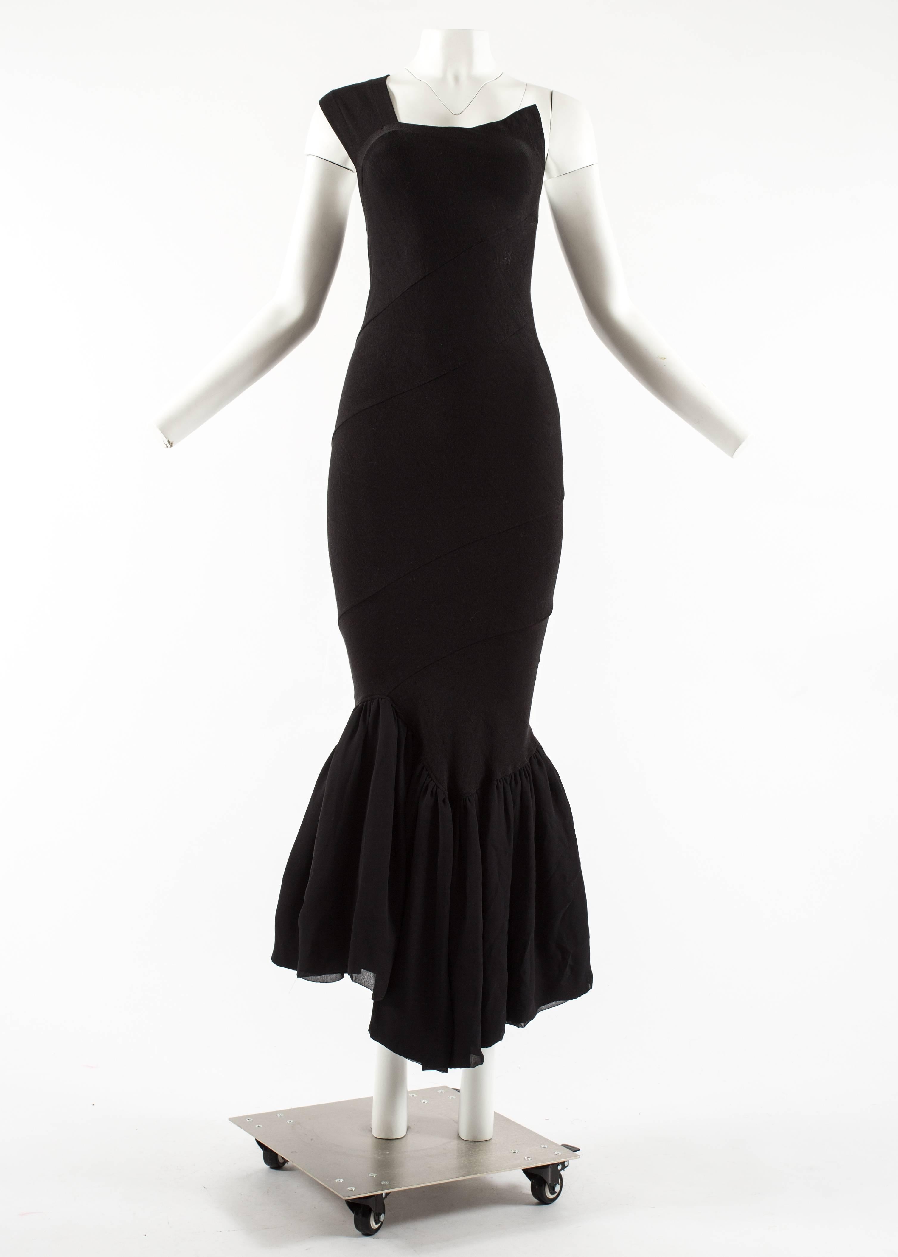 Comme des Garcons Spring-Summer 1986 black bias cut jersey evening dress with chiffon and creased nylon fishtail skirt 