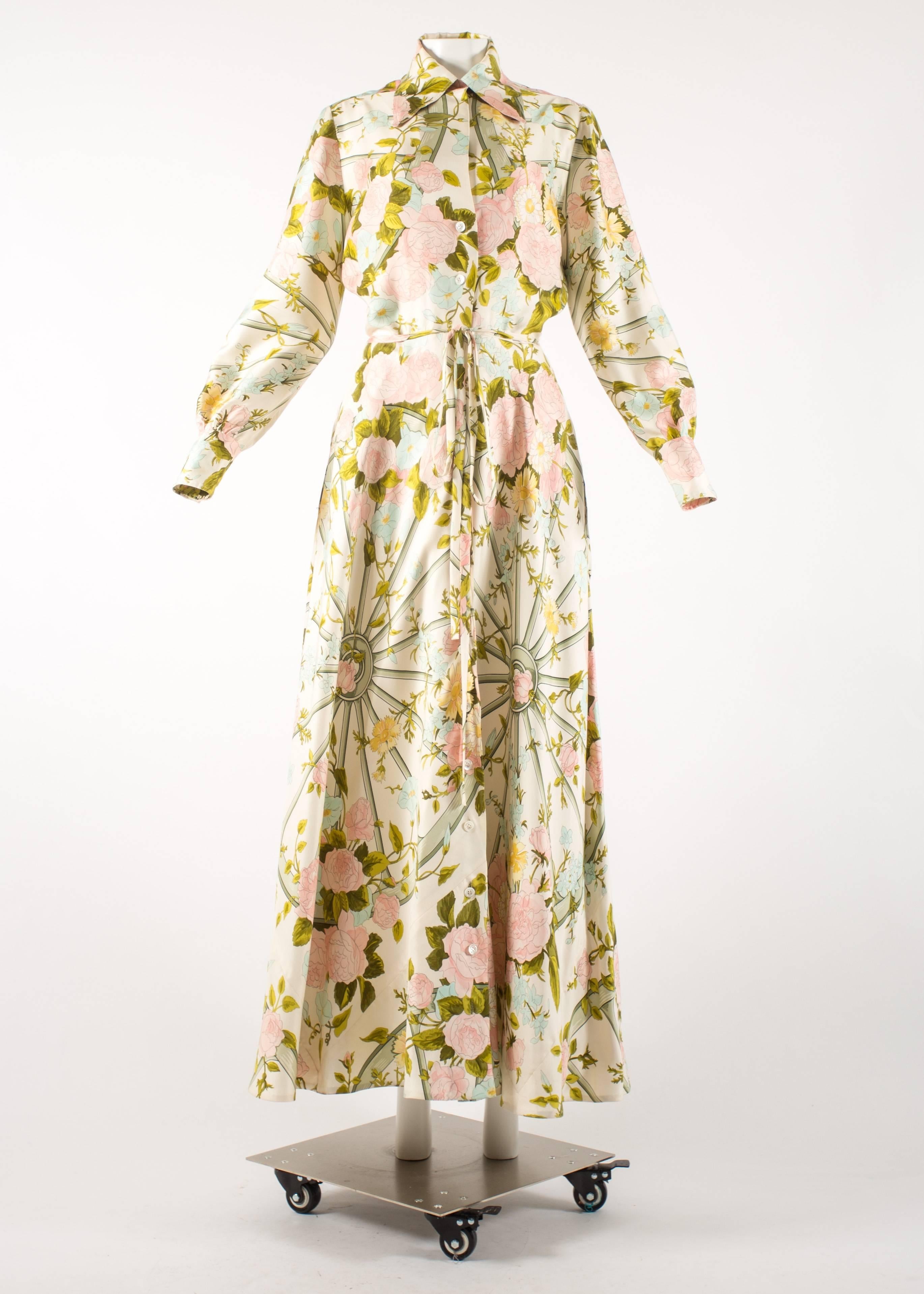 Hermes Paris 1970s 'Romantique' couture silk floral maxi dress 

- button fastenings throughout 
- bishop sleeves
- internal waist stay 
- 'Romantique' floral print 
- hand finished 
