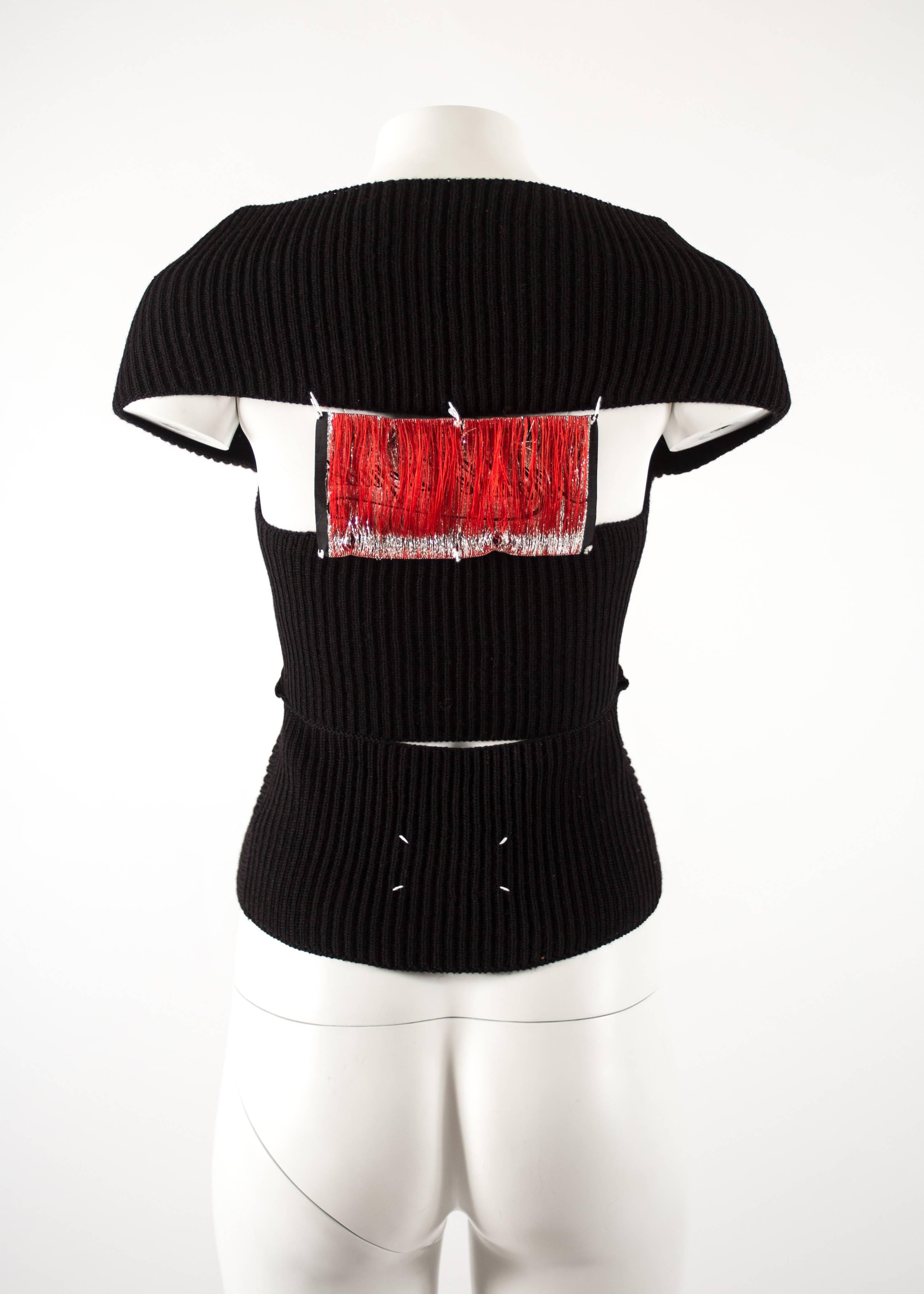 Maison Martin Margiela Autumn-Winter 2004 rib knit black cardigan with 
red lurex patchwork
