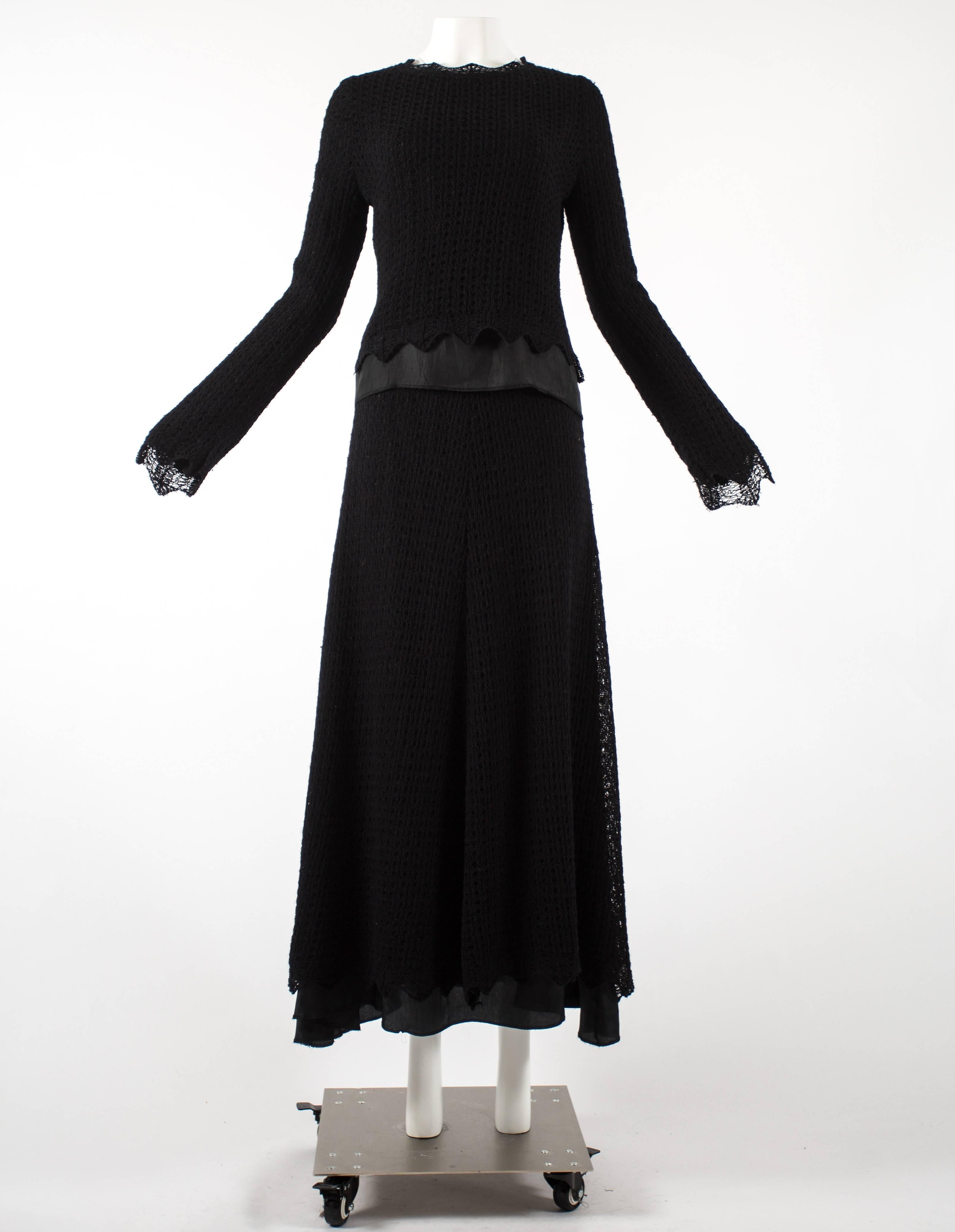 Maison Martin Margiela early 1990s black crochet wool and satin skirt suit

- black crochet wool with exposed black satin lining
- elasticated waist band and metal zip fastening
