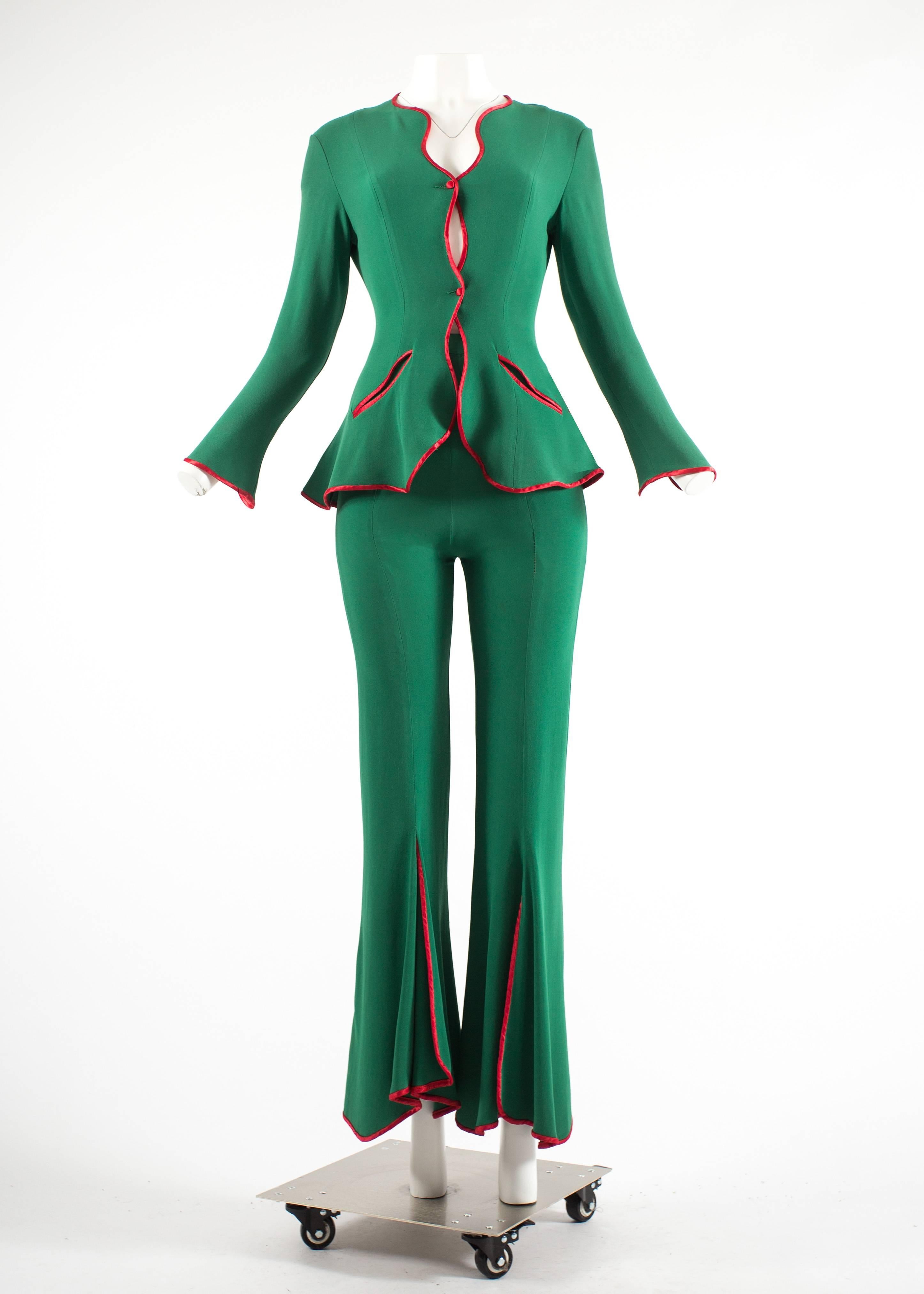 Ossie Clark 1970 green 'Judy' pant suit, with undulating borders piped in red satin.