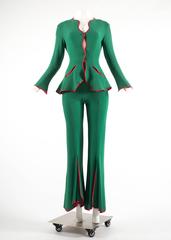 Ossie Clark 1970 Green jersey 'Judy' Pant Suit With Red Satin Trim