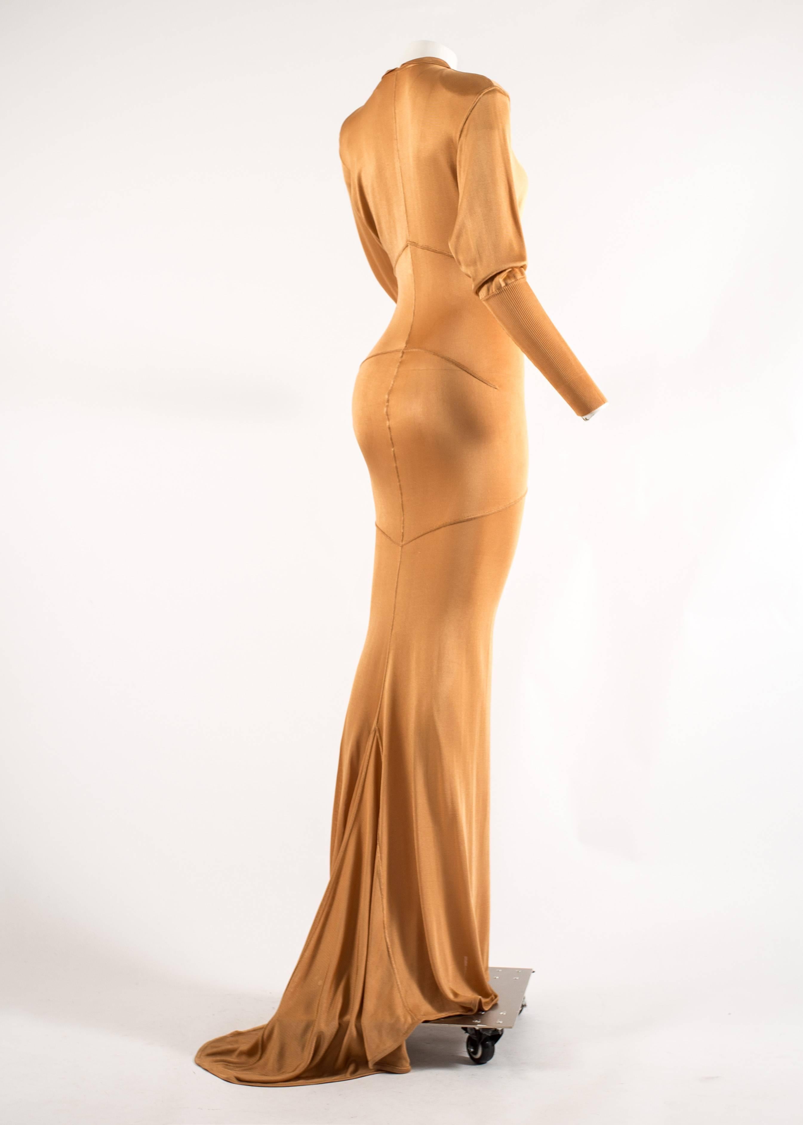 Women's Alaia Autumn-Winter 1986 apricot acetate knit evening gown with train