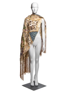 Valentino Artisanal Silk Lace Hand-Painted Embroidered Fringe Shawl, SS 2002