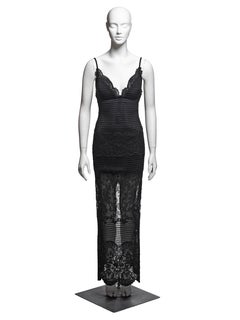 Gianni Versace Black Openwork Ribbon & Lace Fitted Evening Dress, FW 1993