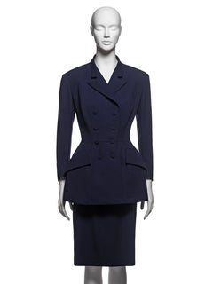 Yohji Yamamoto Navy Wool Gabardine Hourglass Padded-Hip Skirt Suit, SS 1997