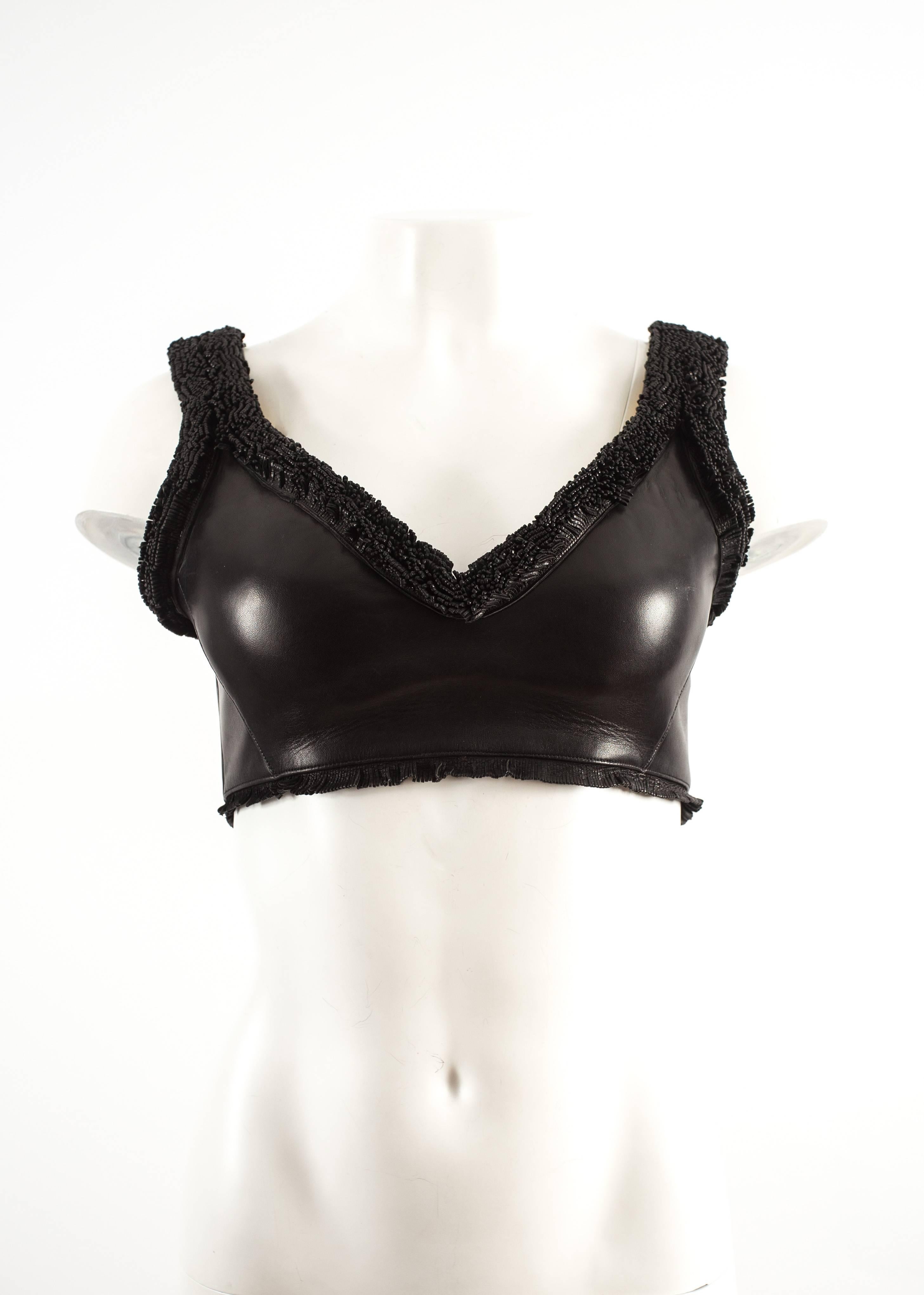 Black Alaia 1994 black leather bra with fringing  For Sale