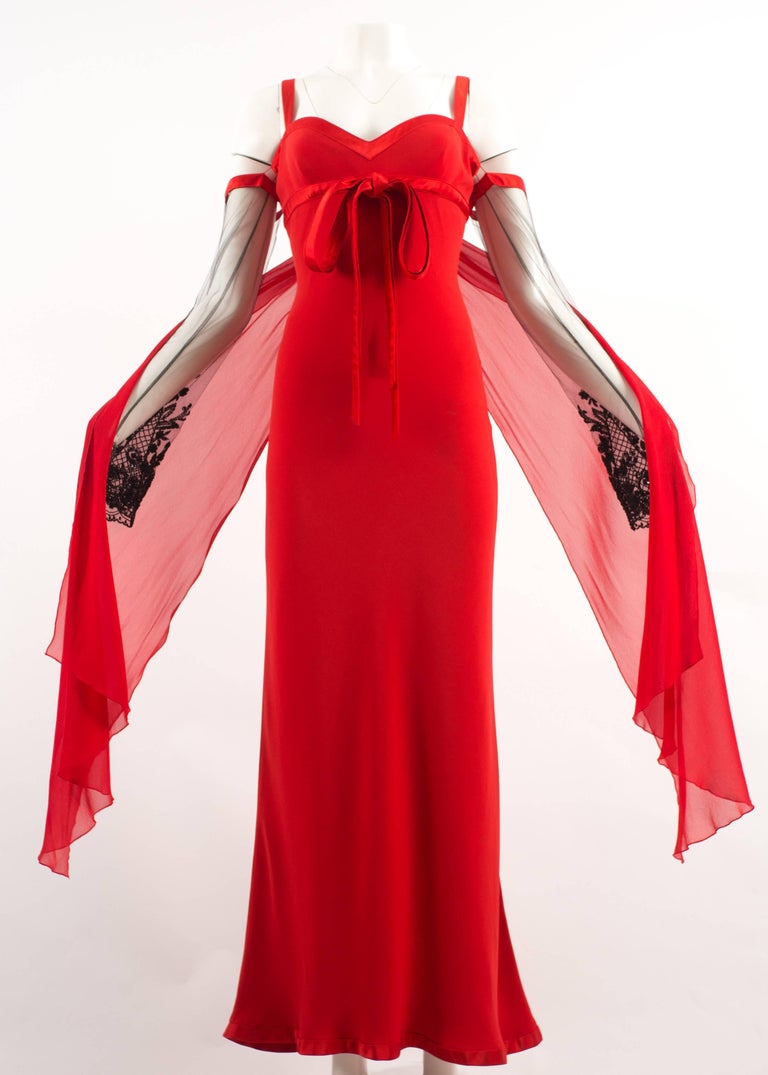 Valentino AutumnWinter 2005 red evening dress with embellished sleeves